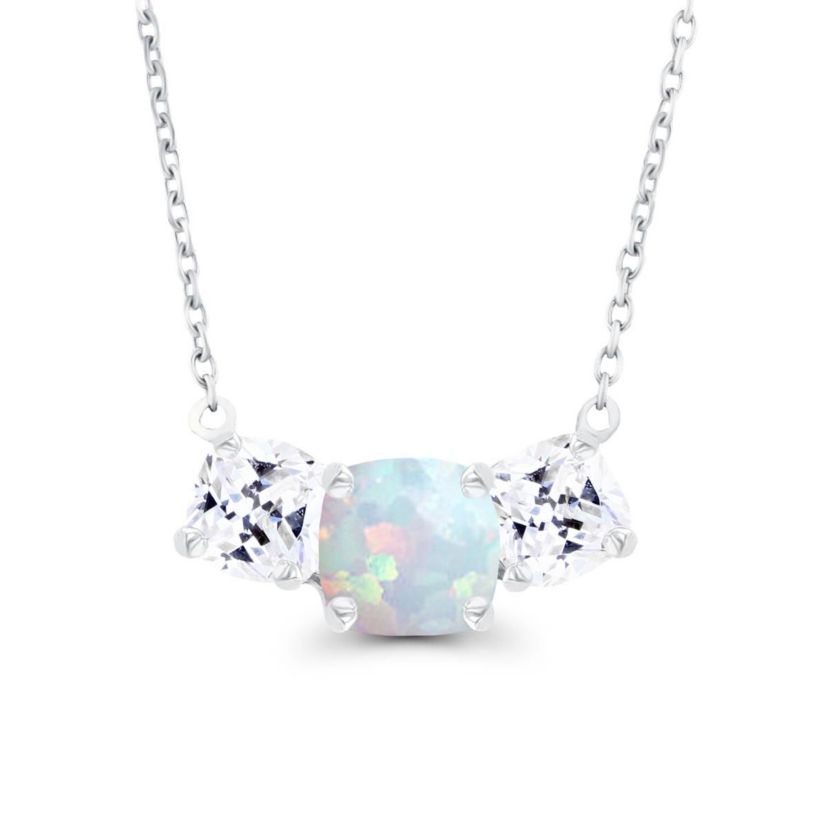 Lab Created Sterling Silver Rhodium 5mm Cushion Created Opal & 4mm Cushion Created White Sapphire 3-Stone 18" Necklace