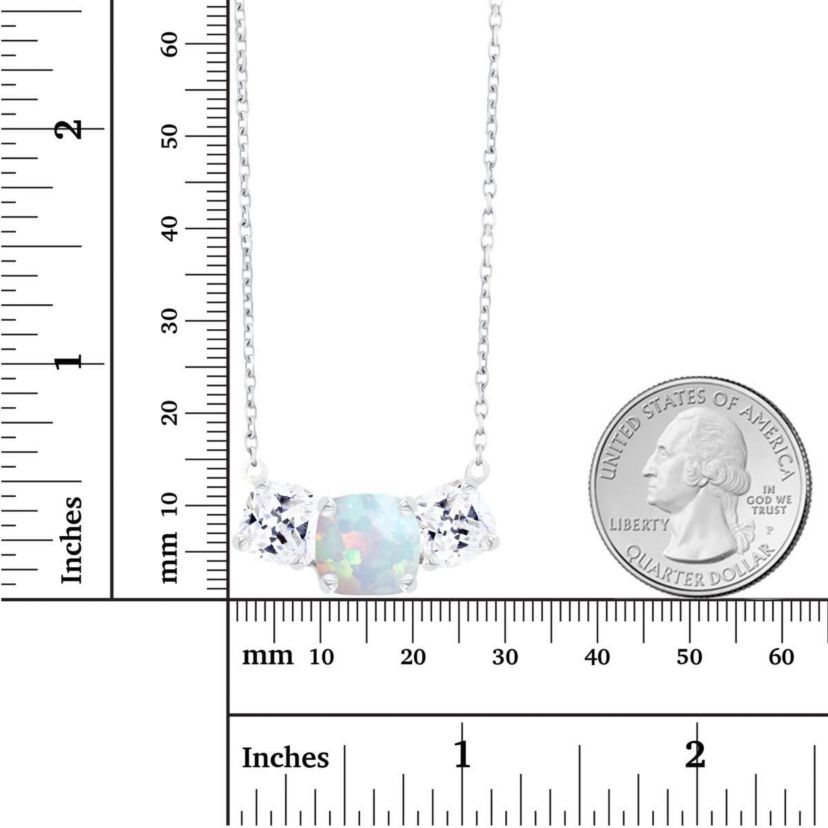 Lab Created Sterling Silver Rhodium 5mm Cushion Created Opal & 4mm Cushion Created White Sapphire 3-Stone 18" Necklace