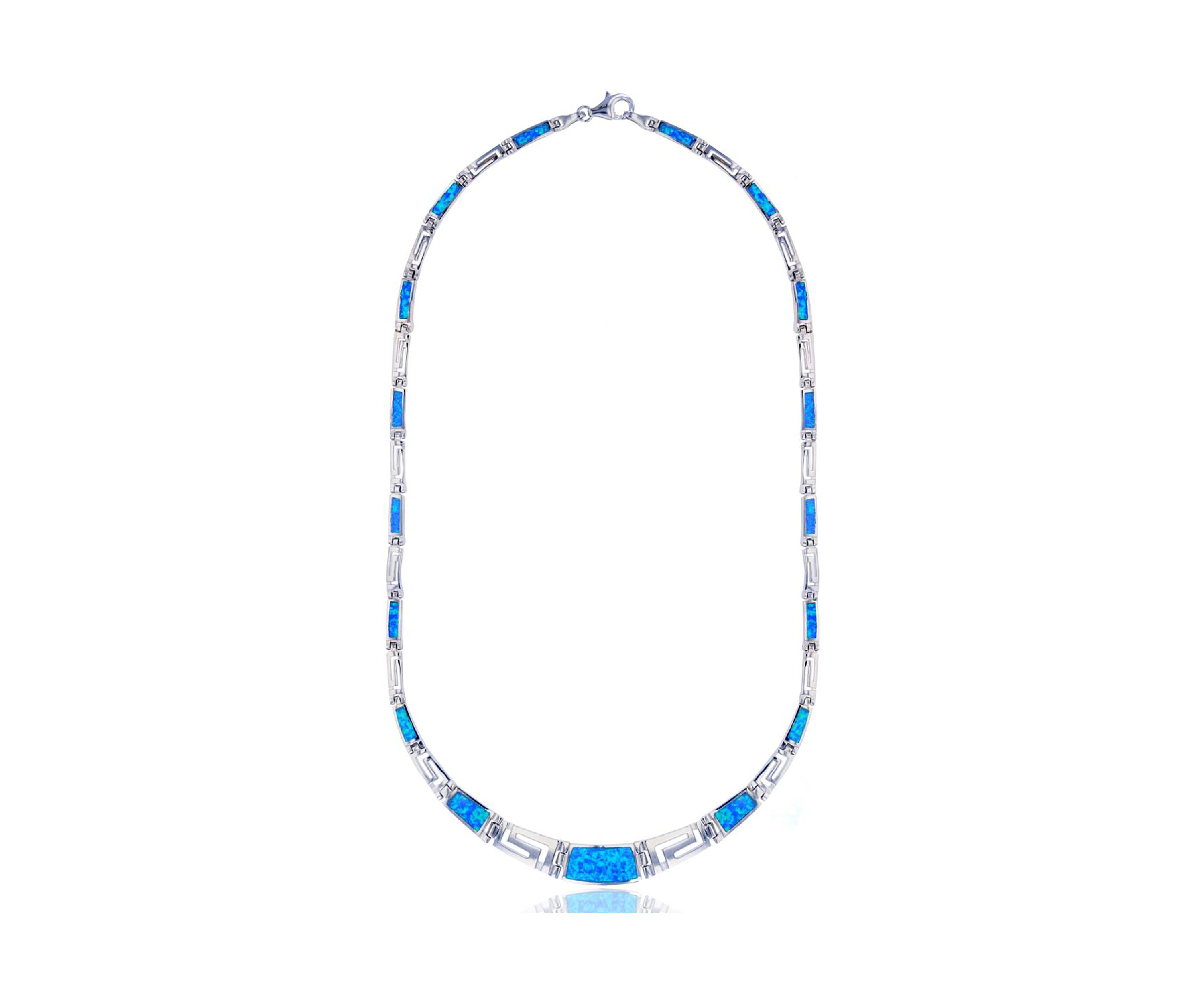 Sterling Silver Rhodium Graduated Greek Key & Cr Blue Opal 18" Necklace