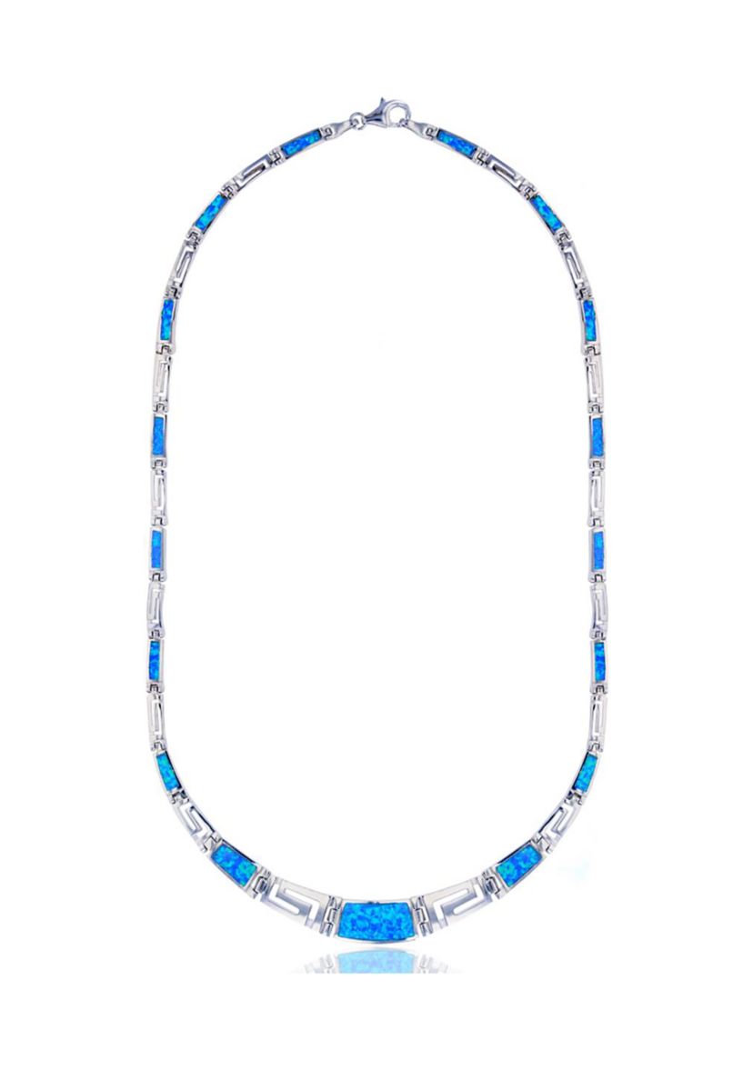 Sterling Silver Rhodium Graduated Greek Key & Cr Blue Opal 18" Necklace