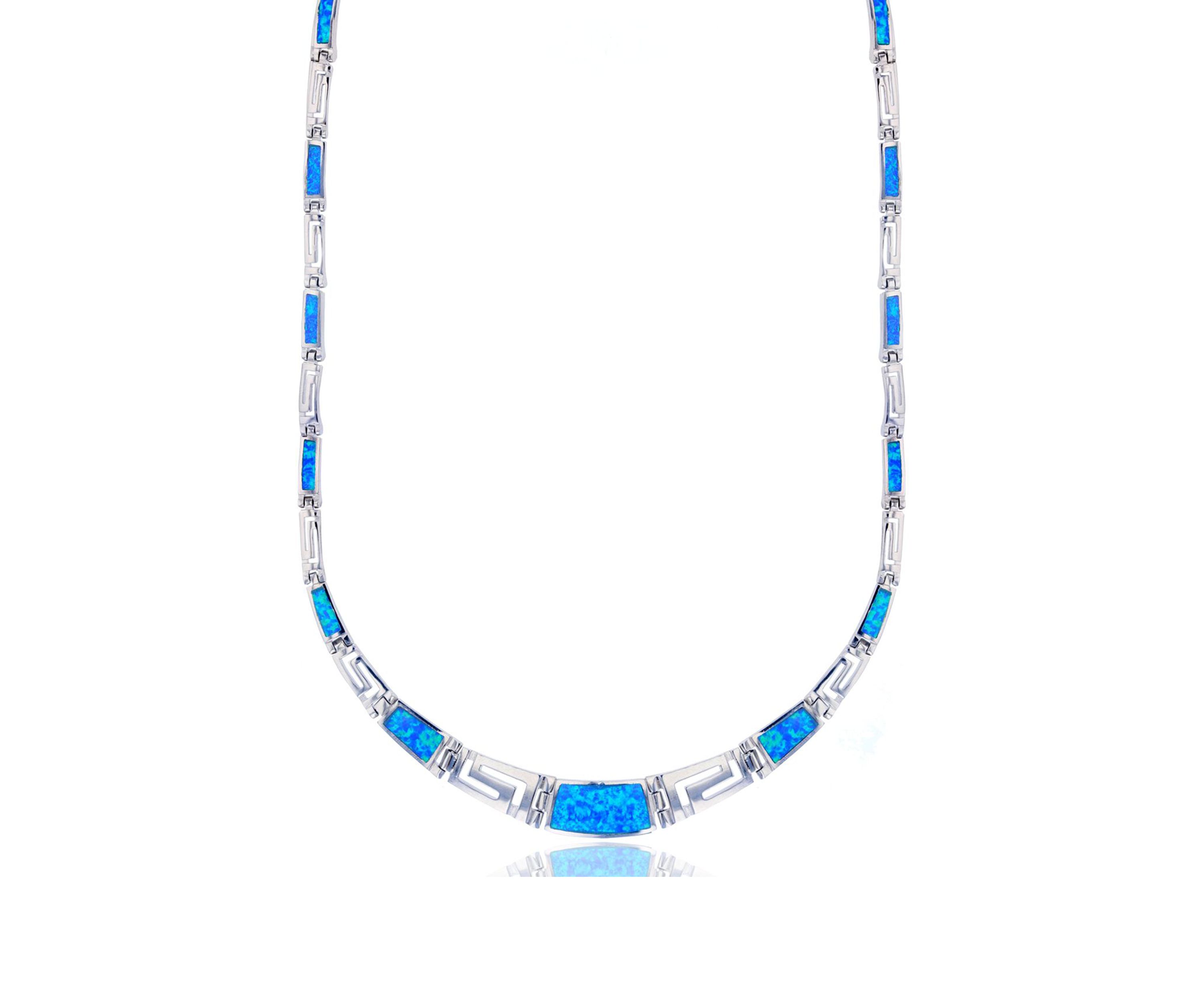 Sterling Silver Rhodium Graduated Greek Key & Cr Blue Opal 18" Necklace