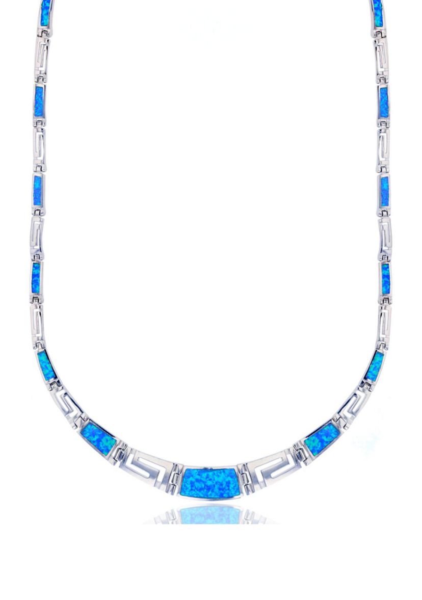 Sterling Silver Rhodium Graduated Greek Key & Cr Blue Opal 18" Necklace