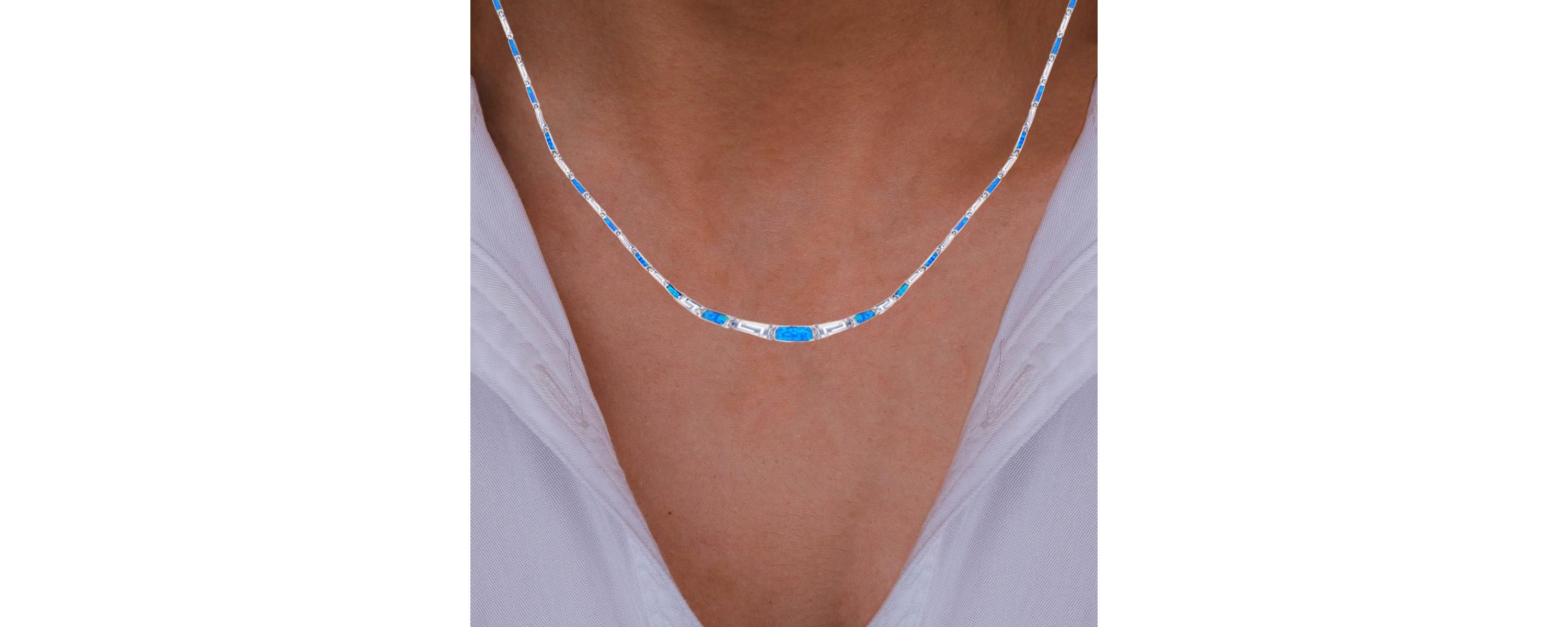 Sterling Silver Rhodium Graduated Greek Key & Cr Blue Opal 18" Necklace