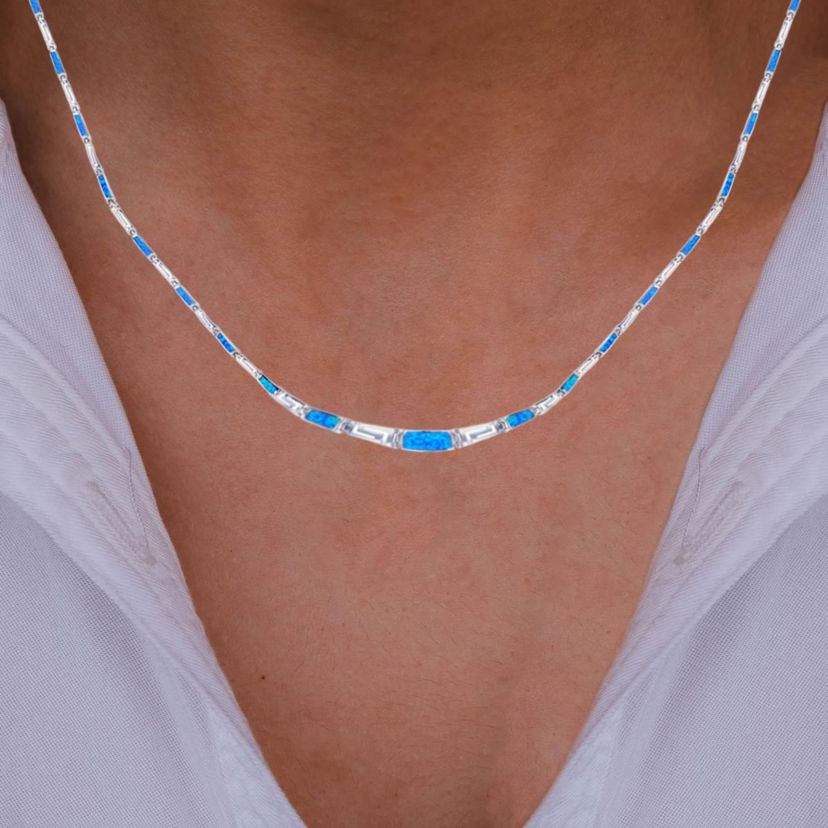 Sterling Silver Rhodium Graduated Greek Key & Cr Blue Opal 18" Necklace
