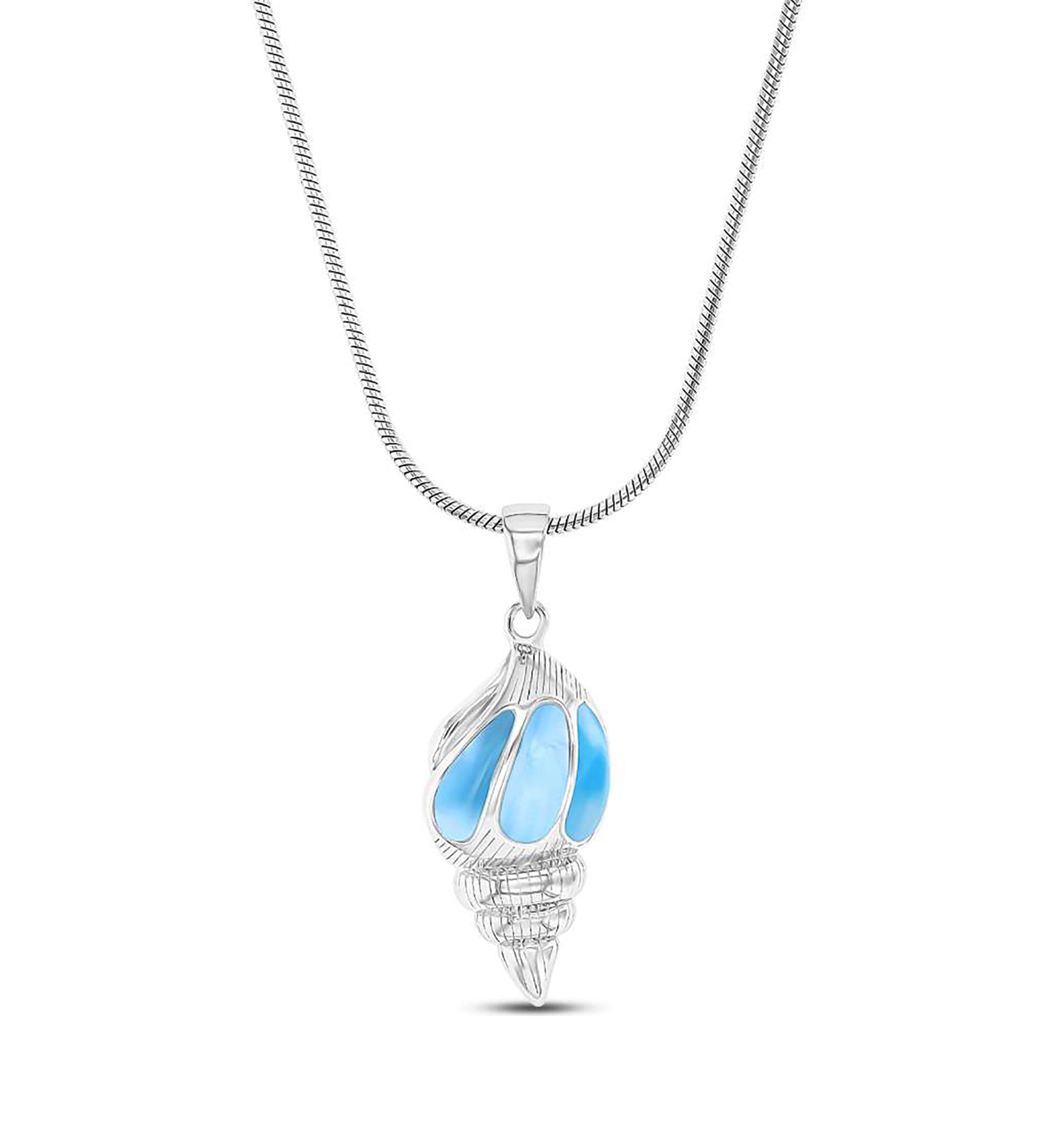 Sterling Silver Rhodium Larimar Seashell 22" Round Snake Adjustable Necklace