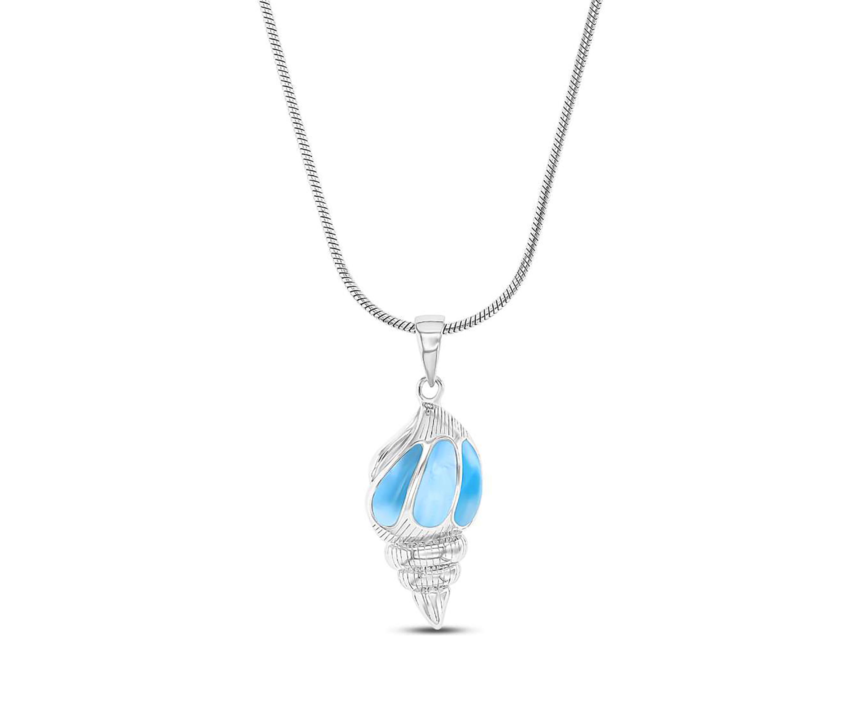Sterling Silver Rhodium Larimar Seashell 22" Round Snake Adjustable Necklace