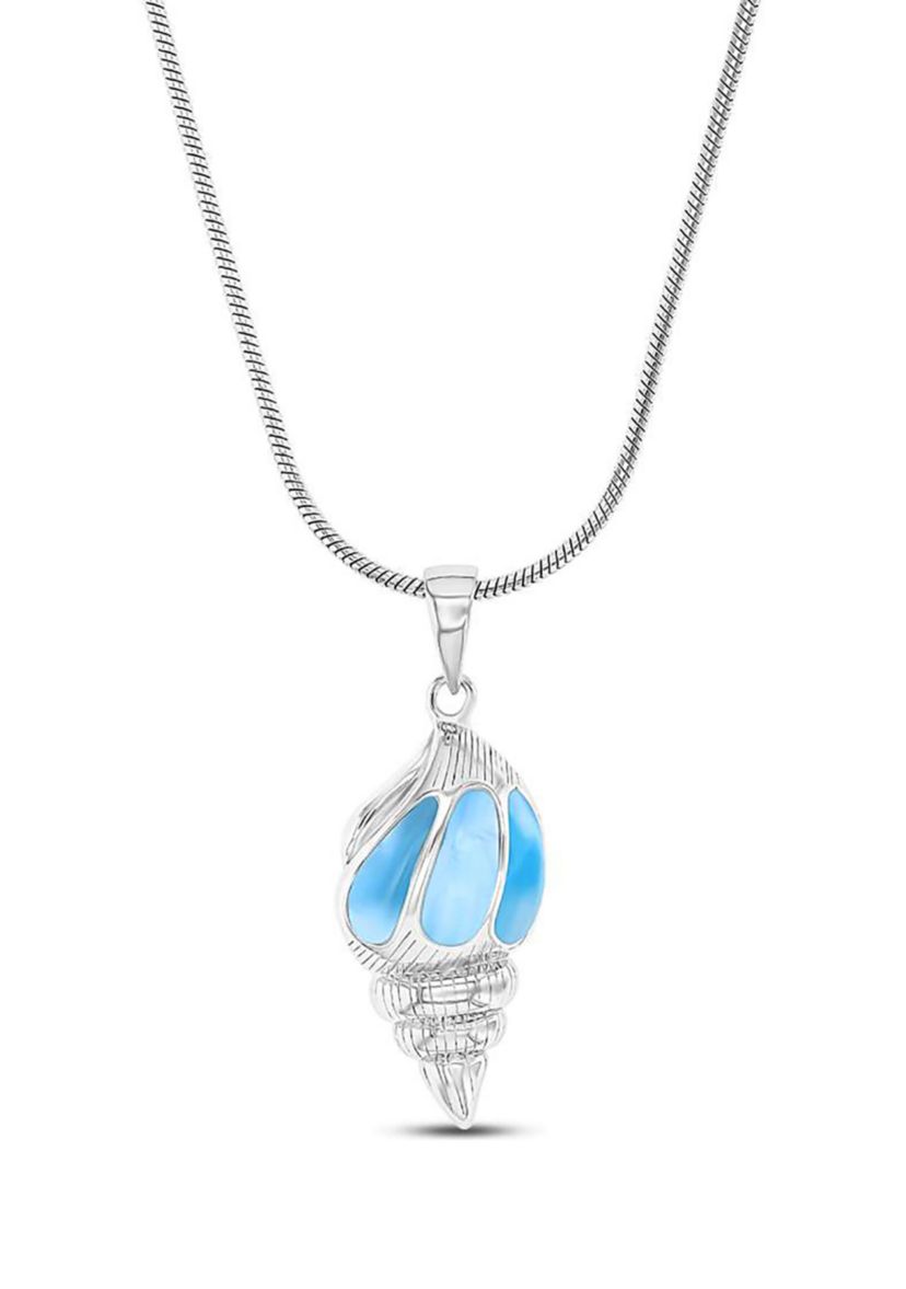 Sterling Silver Rhodium Larimar Seashell 22" Round Snake Adjustable Necklace