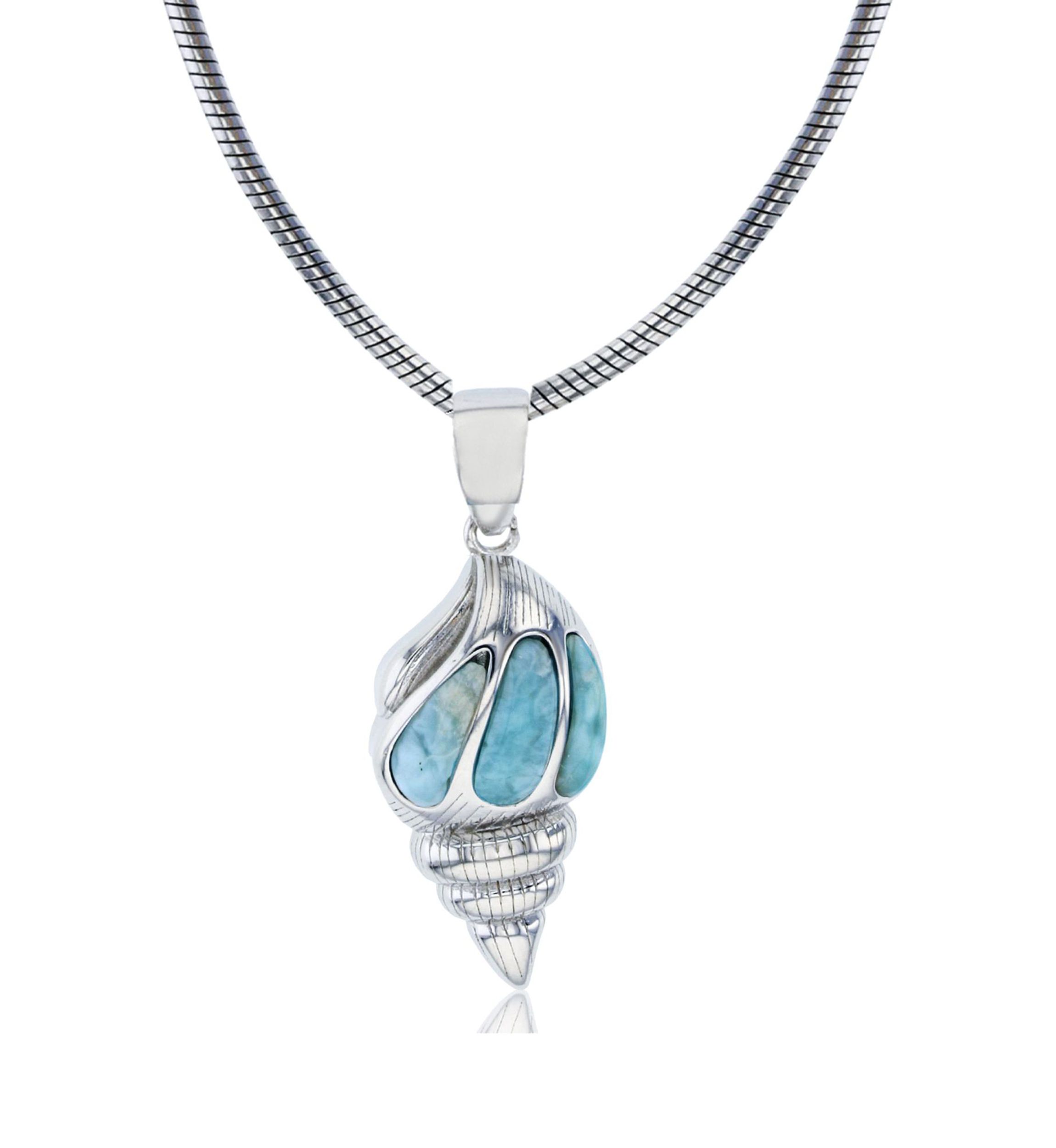 Sterling Silver Rhodium Larimar Seashell 22" Round Snake Adjustable Necklace