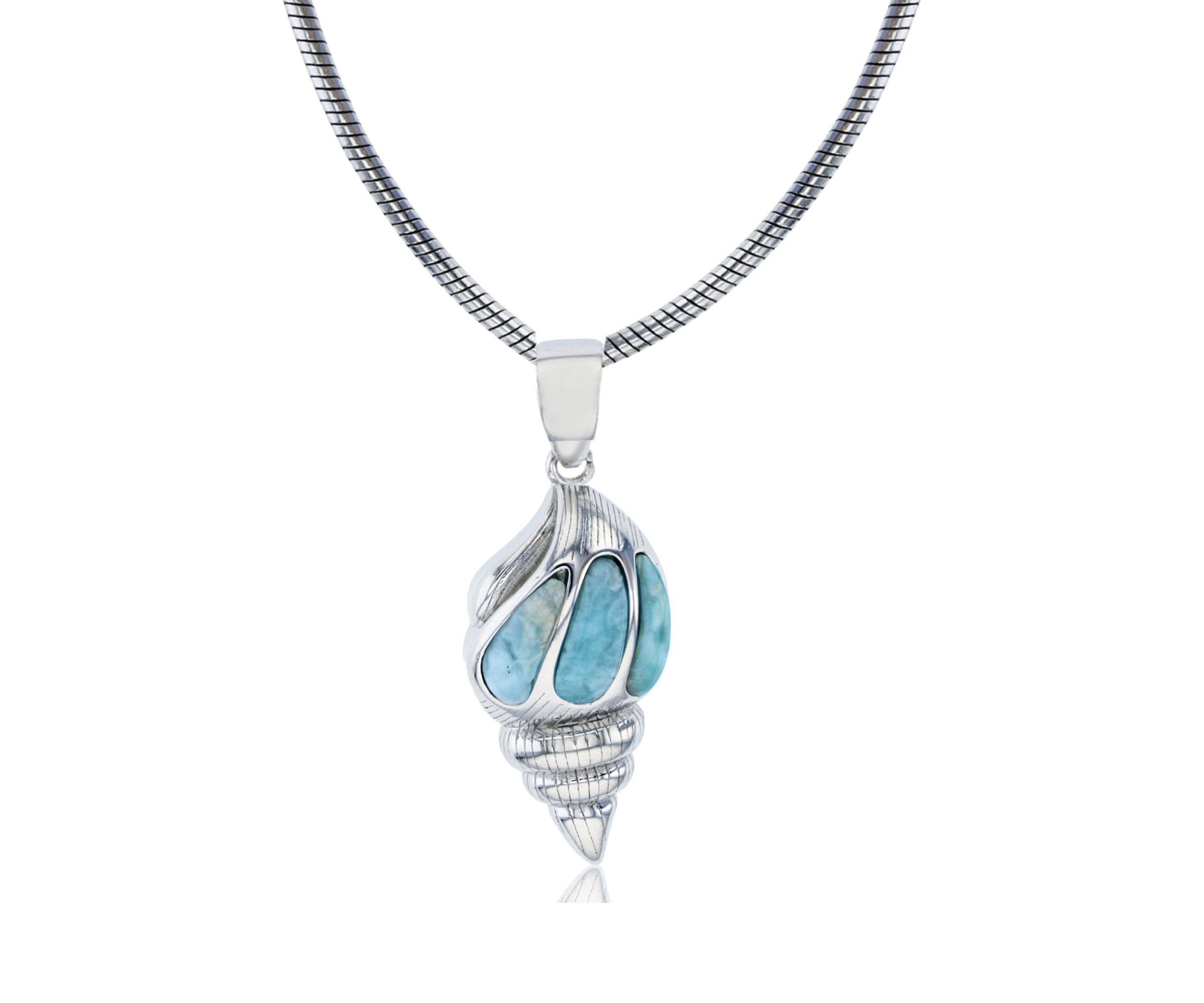 Sterling Silver Rhodium Larimar Seashell 22" Round Snake Adjustable Necklace