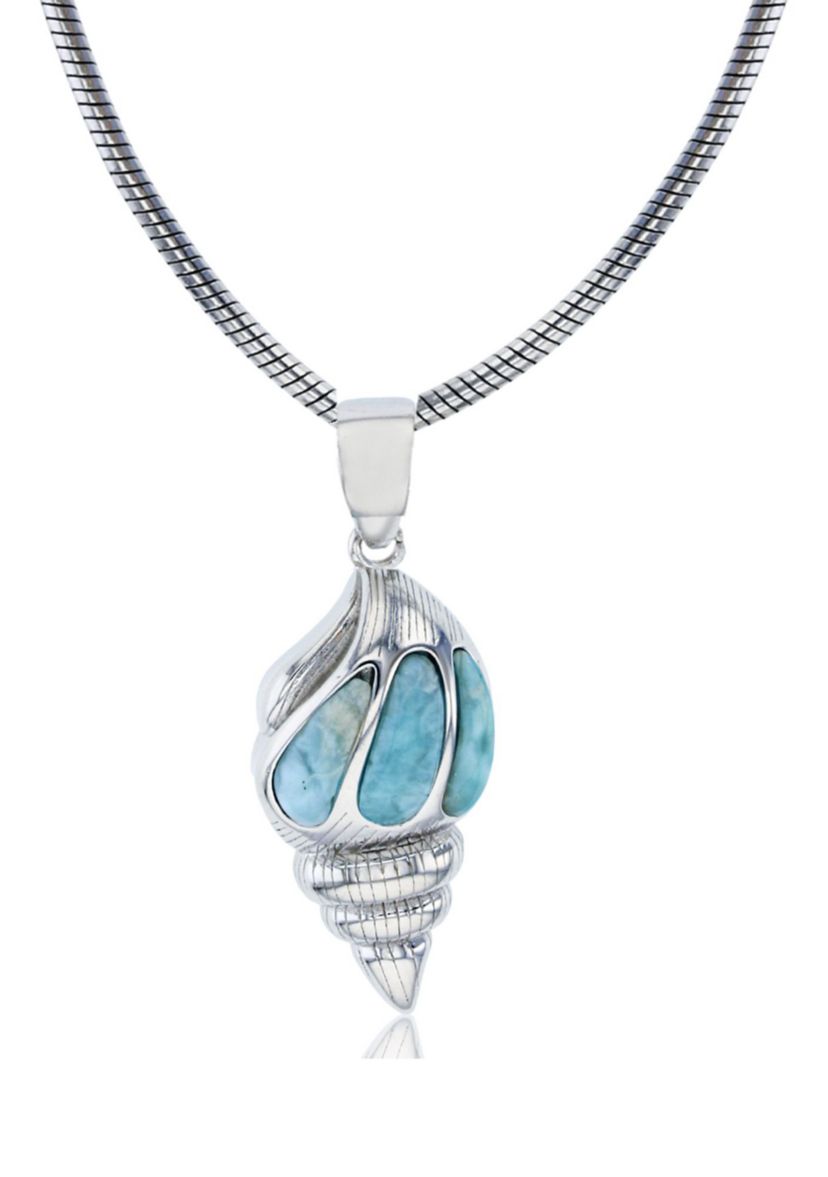 Sterling Silver Rhodium Larimar Seashell 22" Round Snake Adjustable Necklace