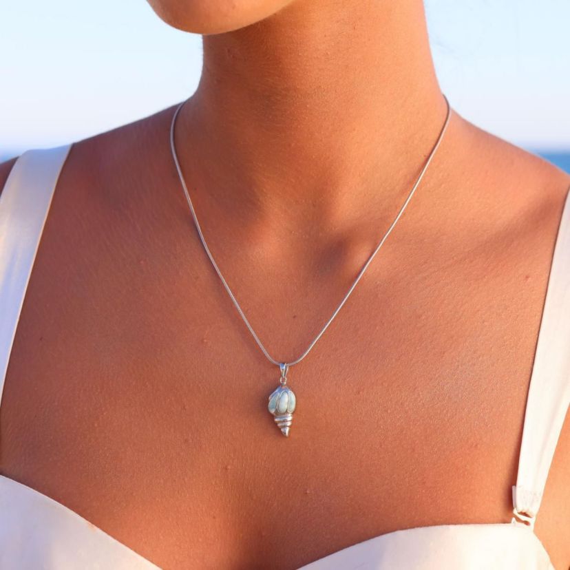 Sterling Silver Rhodium Larimar Seashell 22" Round Snake Adjustable Necklace