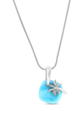 Bijoux Du Soleil Sterling Silver Rhodium Larimar Plate Palm Tree 22" Round Snake Adjustable Necklace