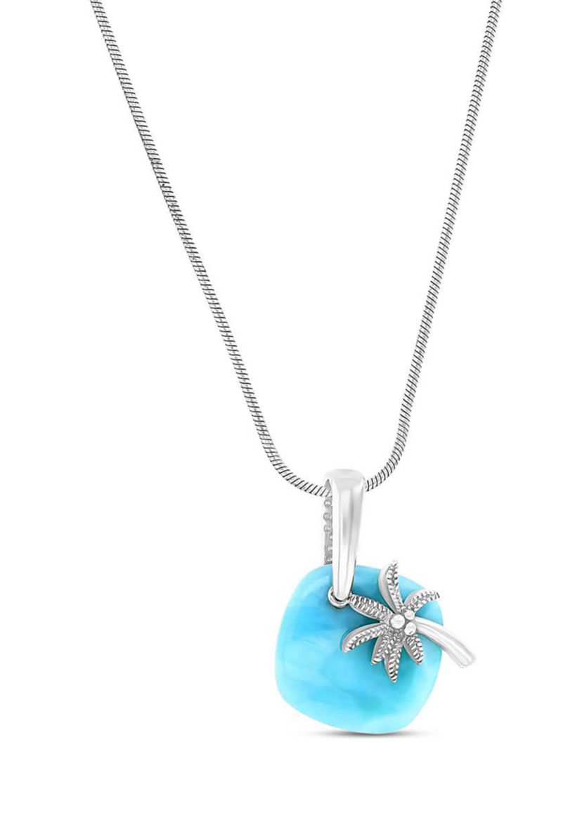 Sterling Silver Rhodium Larimar Plate Palm Tree 22" Round Snake Adjustable Necklace
