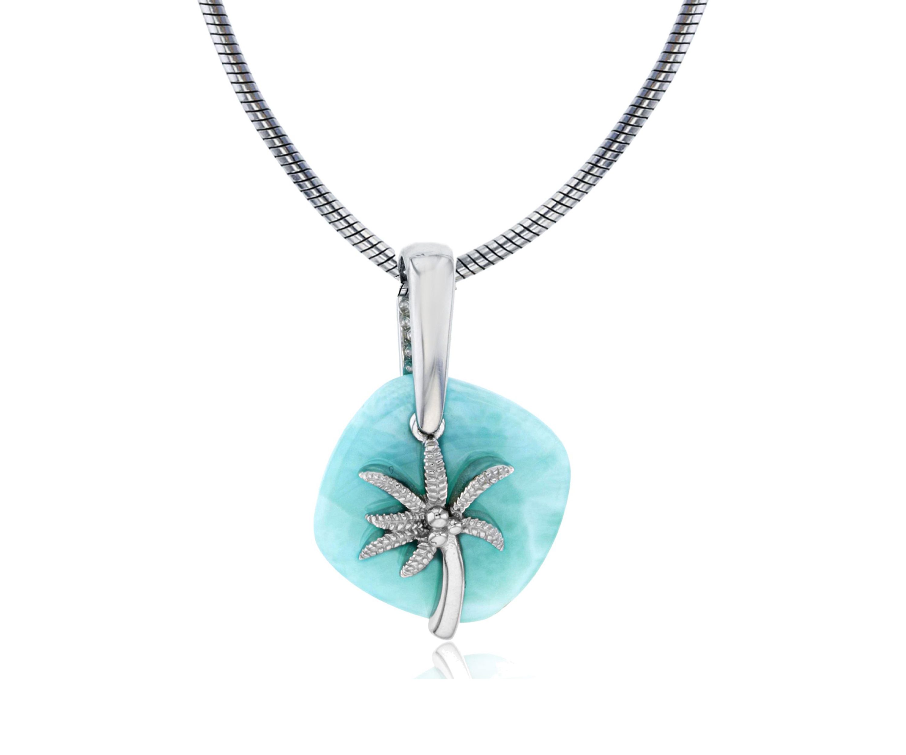 Sterling Silver Rhodium Larimar Plate Palm Tree 22" Round Snake Adjustable Necklace