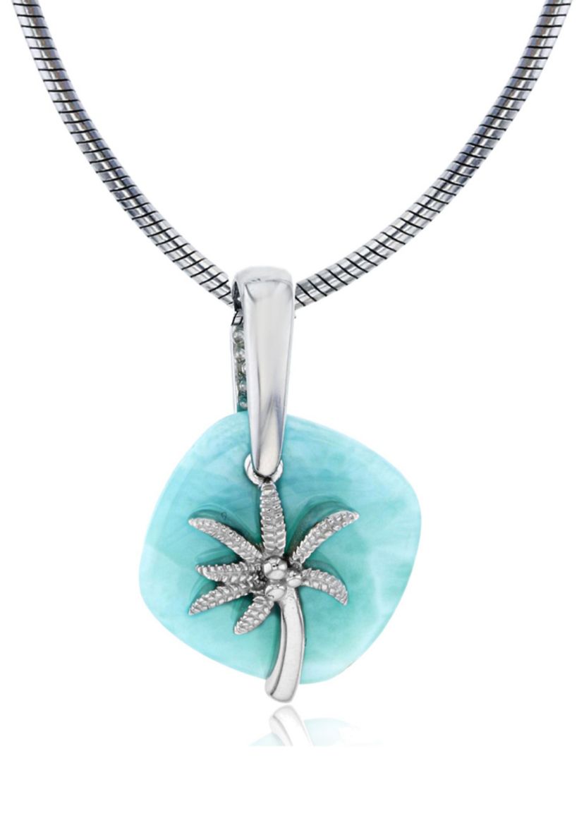 Sterling Silver Rhodium Larimar Plate Palm Tree 22" Round Snake Adjustable Necklace