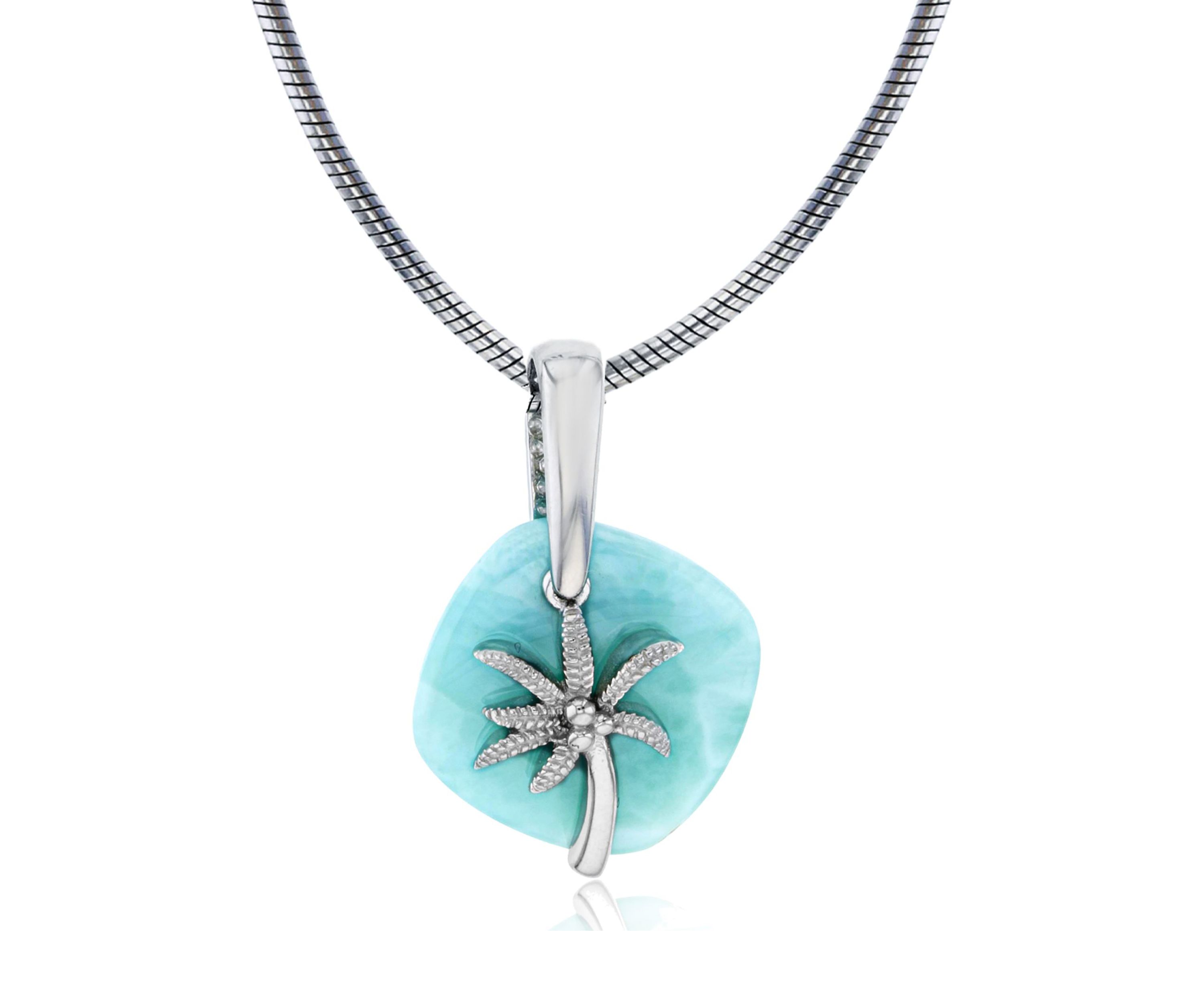 Sterling Silver Rhodium Larimar Plate Palm Tree 22" Round Snake Adjustable Necklace