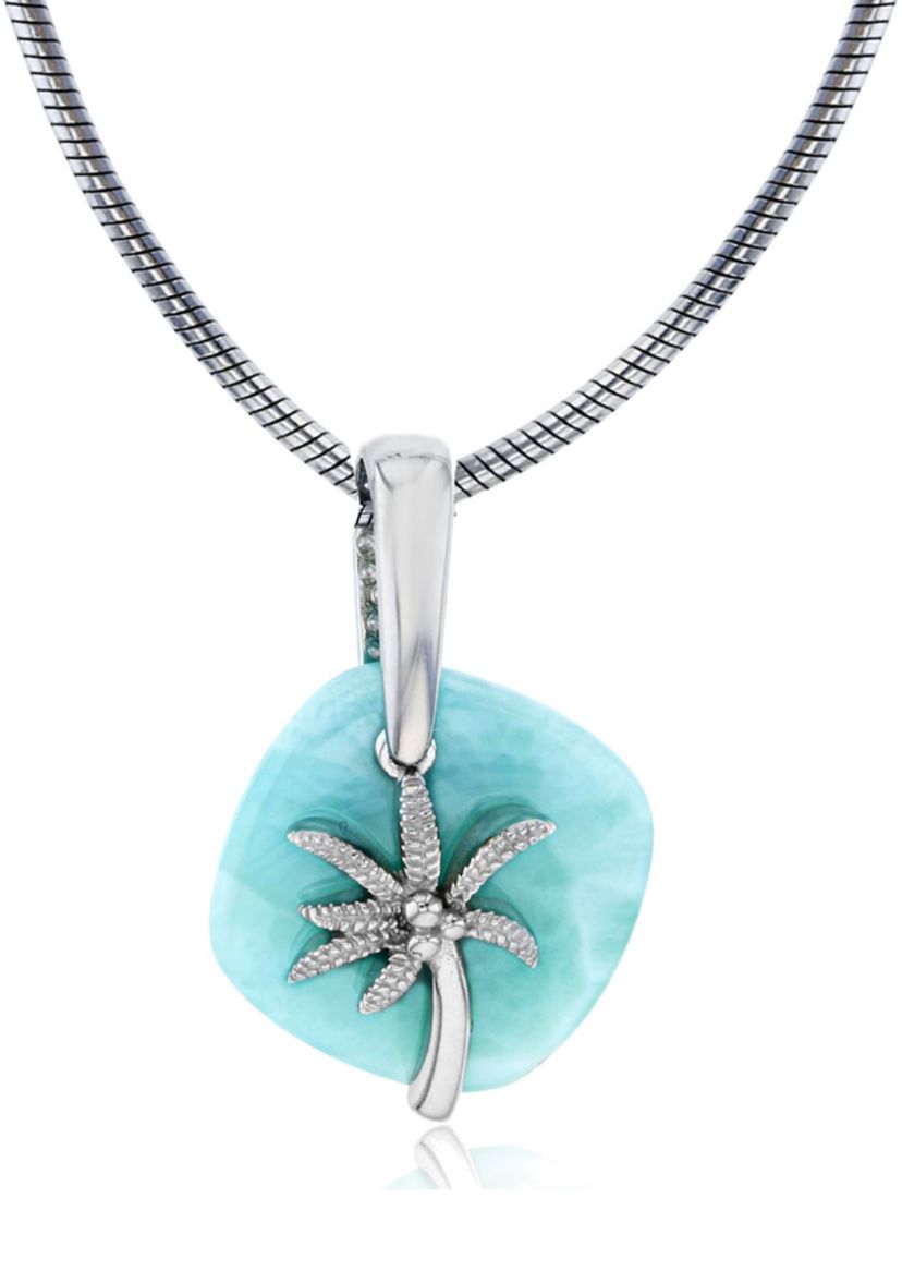 Sterling Silver Rhodium Larimar Plate Palm Tree 22" Round Snake Adjustable Necklace
