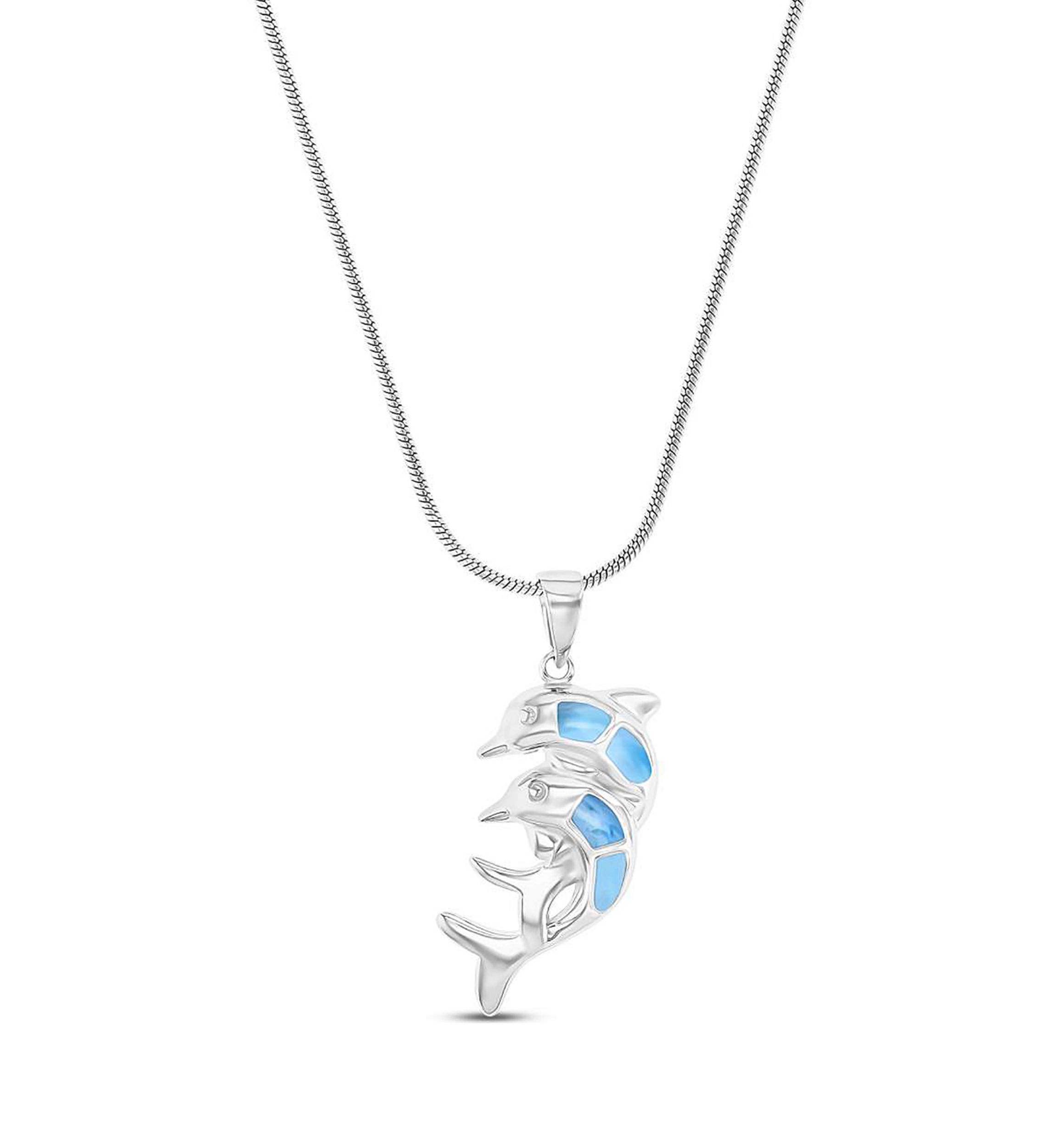 Sterling Silver Rhodium Larimar Double Dolphin 22" Round Snake Adjustable Necklace