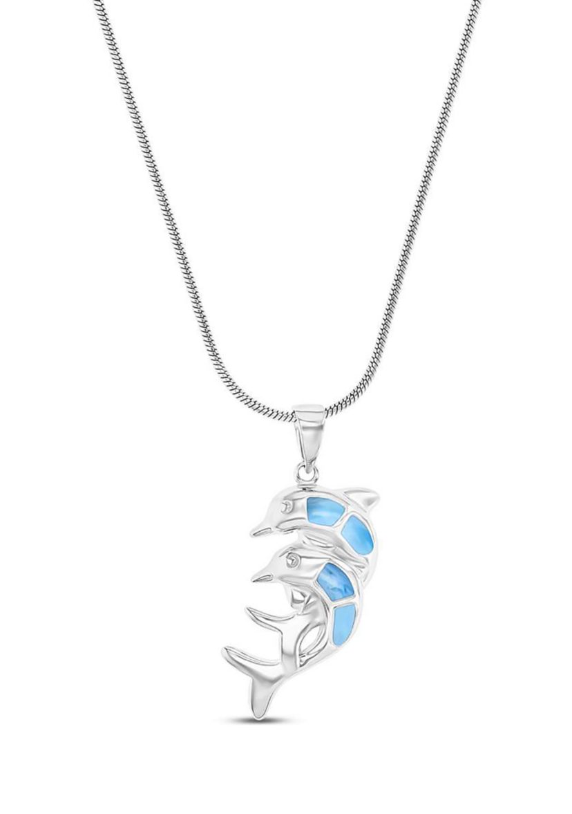 Sterling Silver Rhodium Larimar Double Dolphin 22" Round Snake Adjustable Necklace