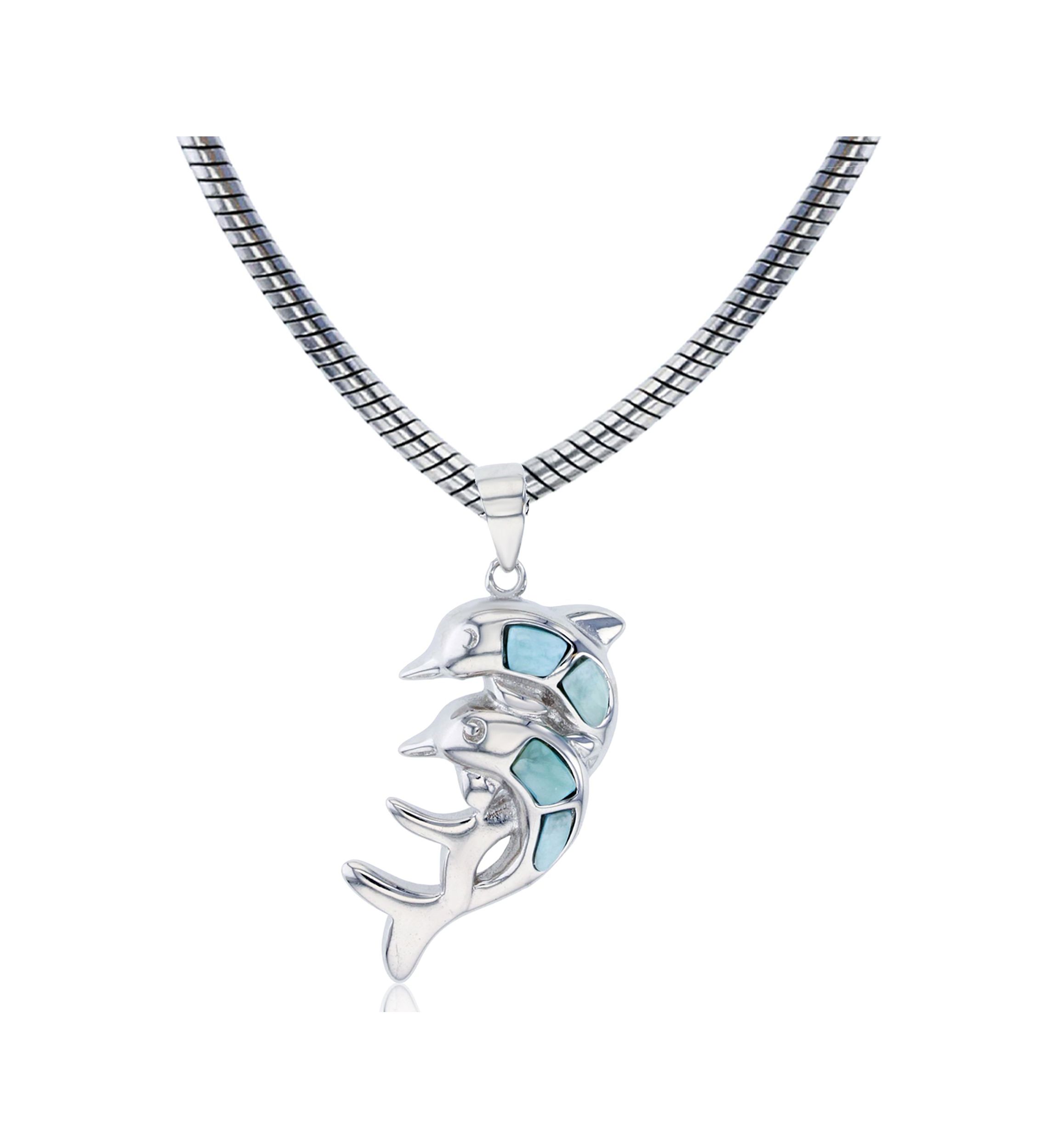 Sterling Silver Rhodium Larimar Double Dolphin 22" Round Snake Adjustable Necklace