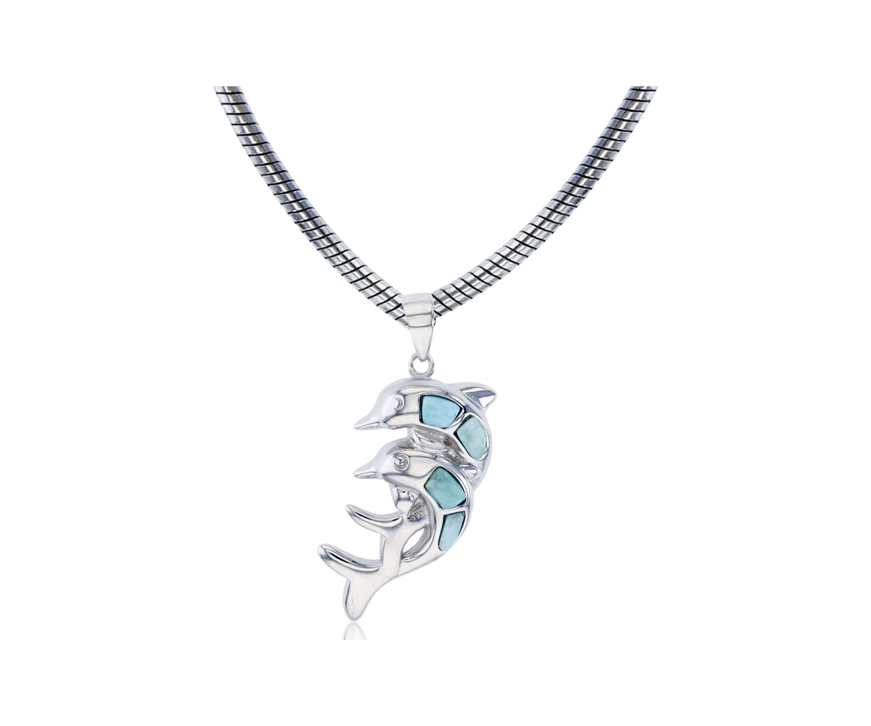 Sterling Silver Rhodium Larimar Double Dolphin 22" Round Snake Adjustable Necklace