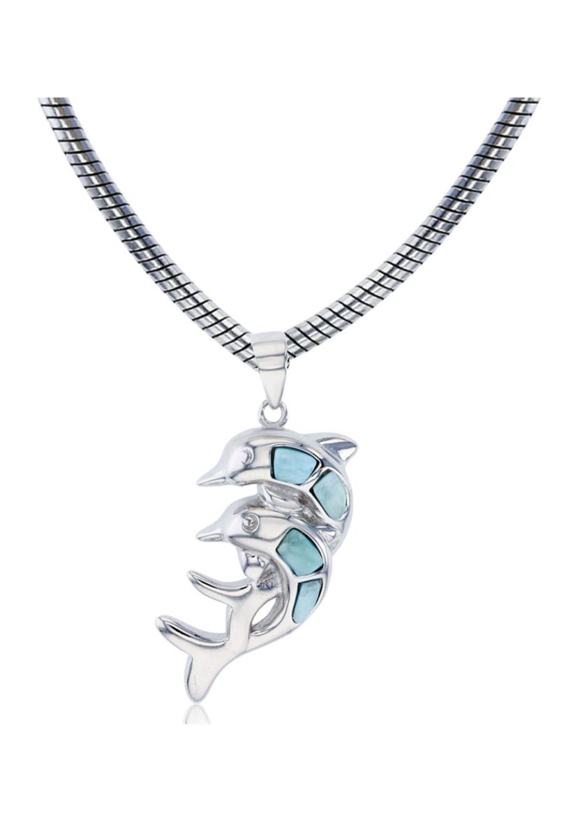 Sterling Silver Rhodium Larimar Double Dolphin 22" Round Snake Adjustable Necklace