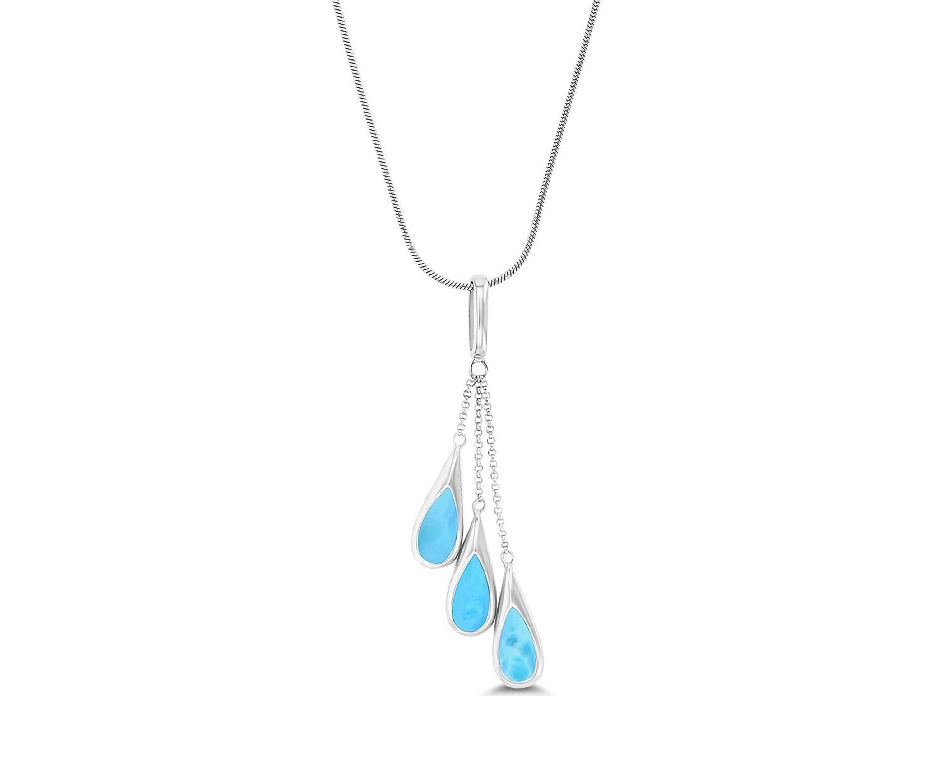 Sterling Silver Rhodium Larimar Triple 22" Round Snake Adjustable Necklace
