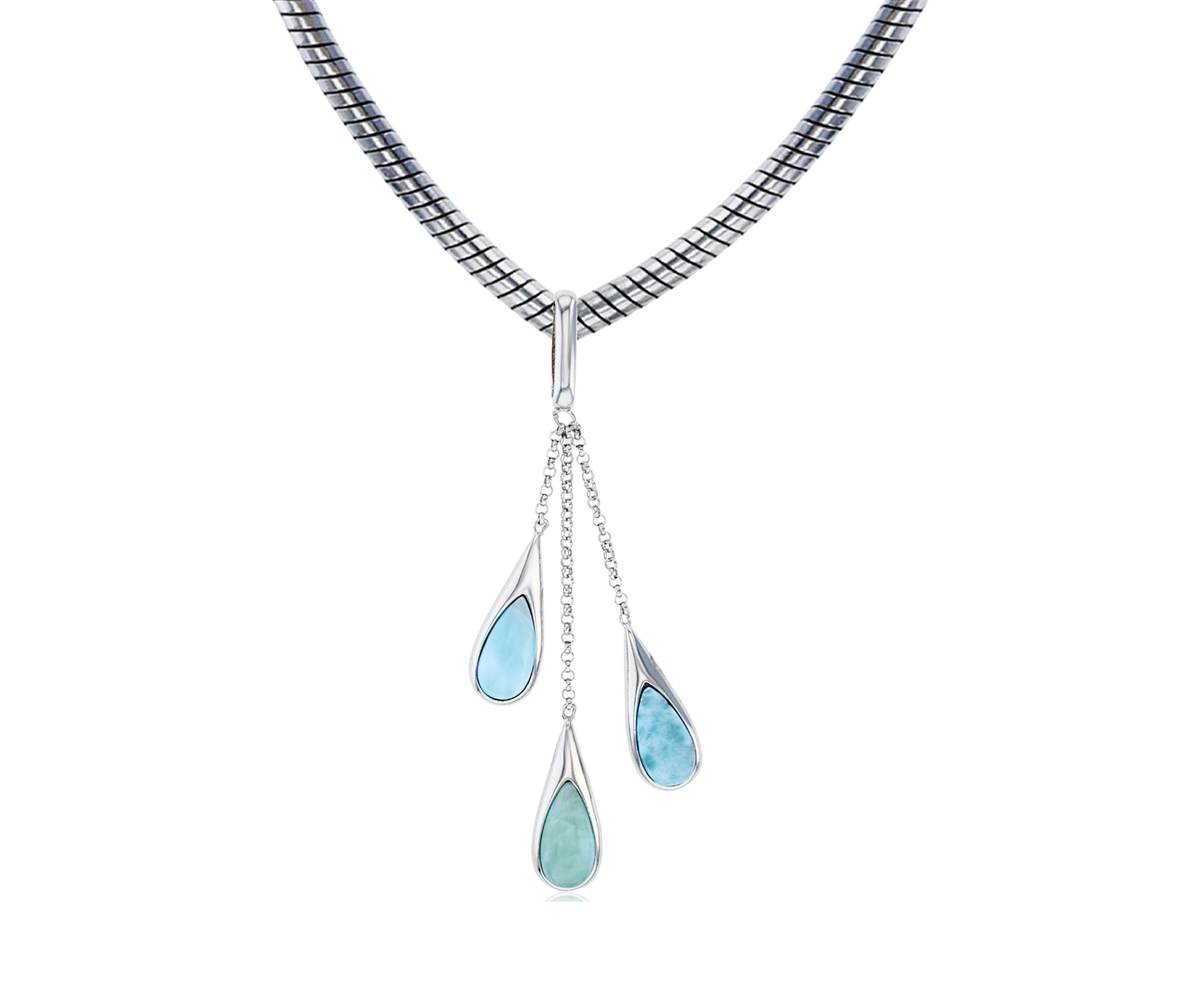 Sterling Silver Rhodium Larimar Triple 22" Round Snake Adjustable Necklace