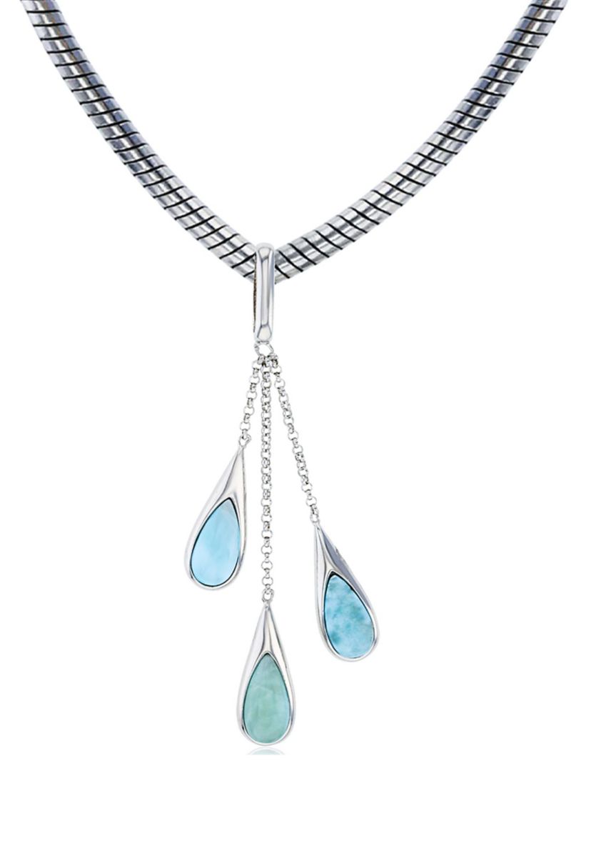 Sterling Silver Rhodium Larimar Triple 22" Round Snake Adjustable Necklace