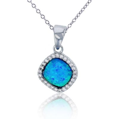 Bijoux Du Soleil Lab Created Sterling Silver Rhodium Created Blue Opal & CZ Halo Cushion Shaped 18"+2" Necklace