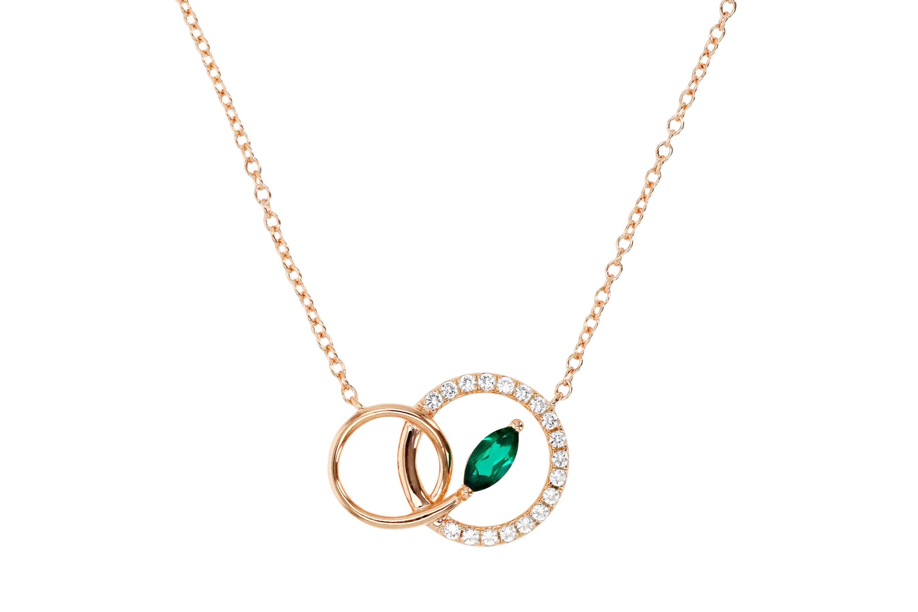 Sterling Silver Rose Created Emerald and  Created White Sapphire Double Circle 18" Necklace