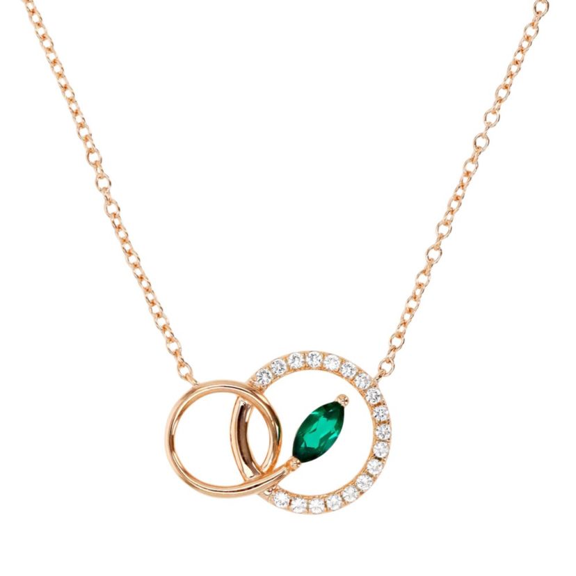 Sterling Silver Rose Created Emerald and  Created White Sapphire Double Circle 18" Necklace