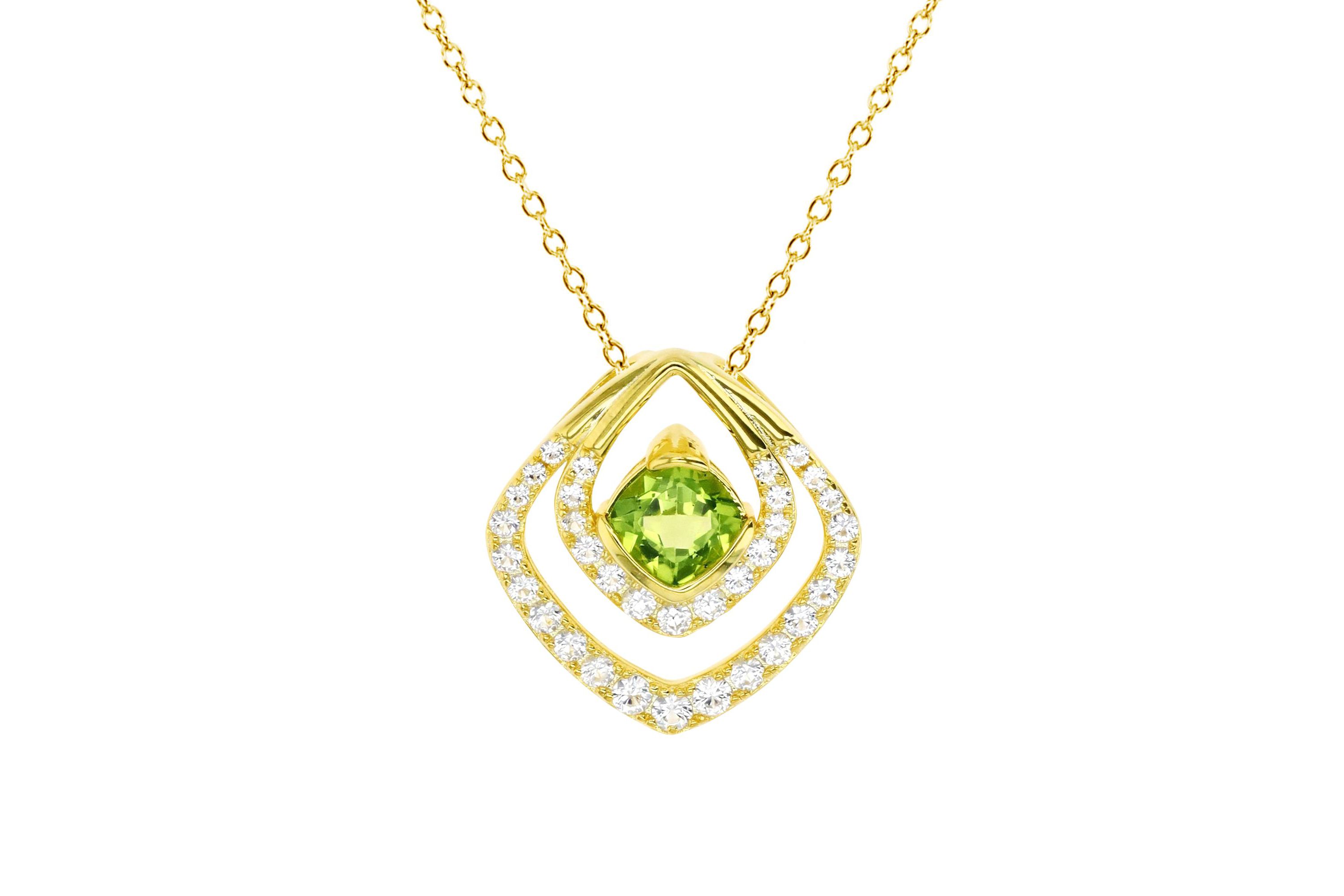 Sterling Silver Yellow 6mm Cushion Peridot and  Created White Sapphire 18" Necklace