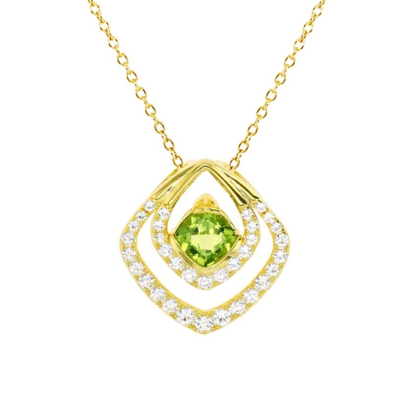 Sterling Silver Yellow 6mm Cushion Peridot and  Created White Sapphire 18" Necklace