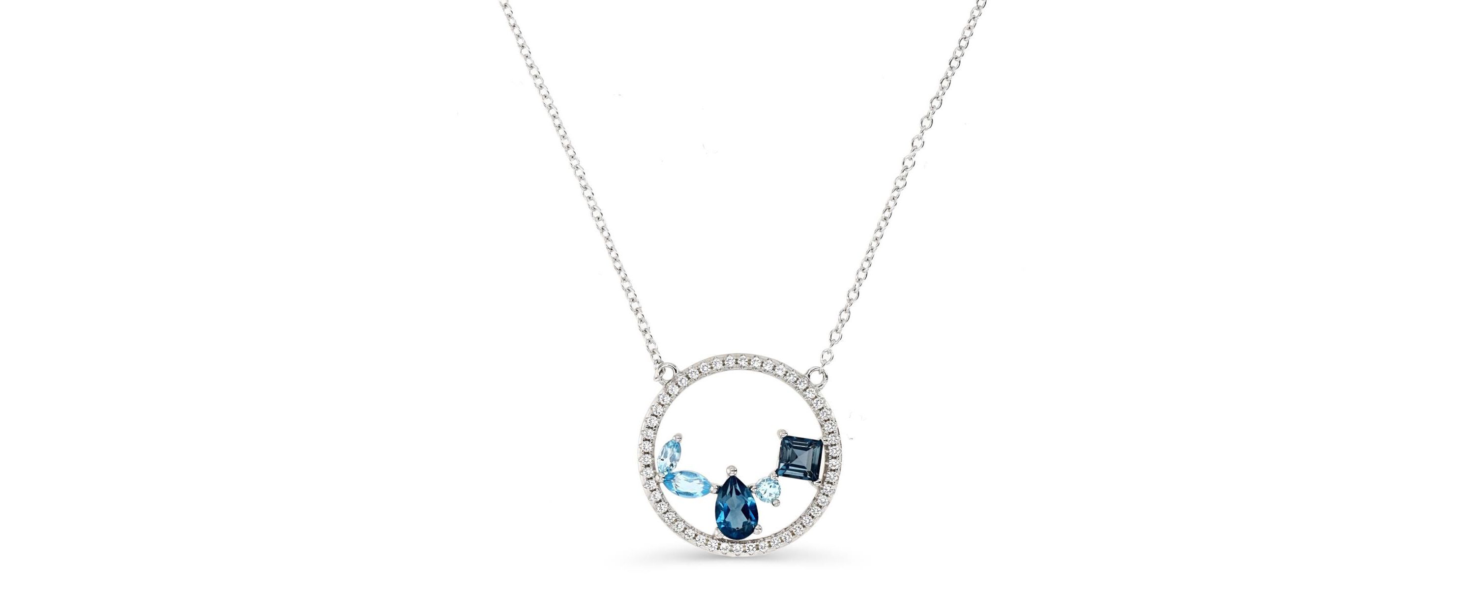 Sterling Silver Rhodium Shades of Blue Circle 18" Necklace