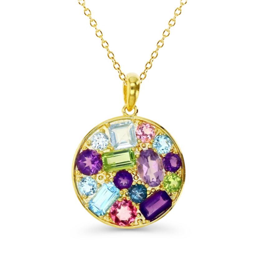 Sterling Silver Yellow Multi Color Multi Cut Circle 18" Necklace