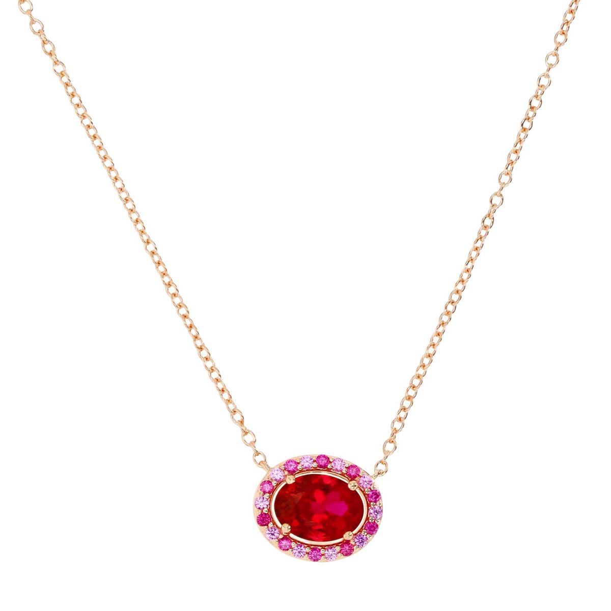 Sterling Silver Rose Oval Ruby and Created Pink Sapphire 18" Necklace