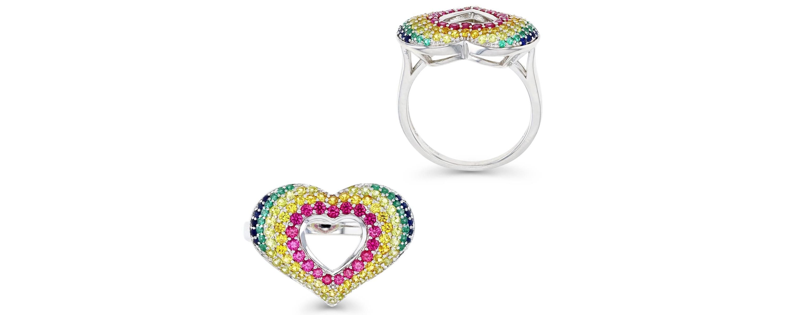 Lab Created Sterling Silver Rhodium Multi Color Heart Cutout Ring