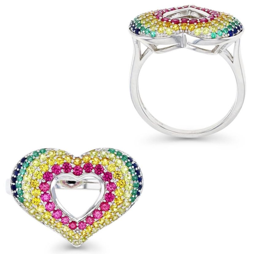 Lab Created Sterling Silver Rhodium Multi Color Heart Cutout Ring