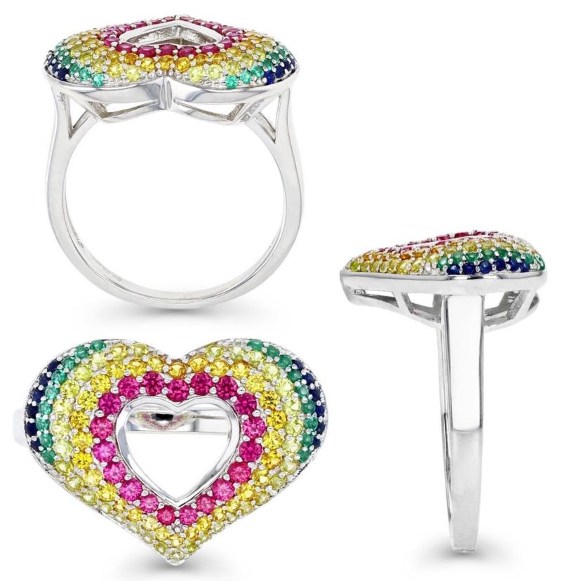 Lab Created Sterling Silver Rhodium Multi Color Heart Cutout Ring