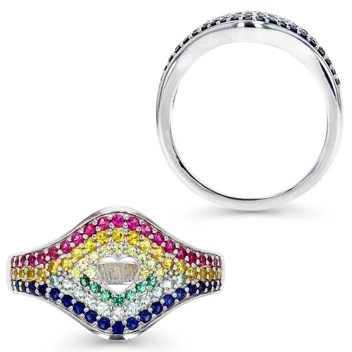 Lab Created Sterling Silver Rhodium Multi Color Heart Cutout Ring