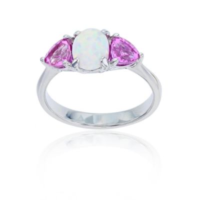 LULEA Lab Created Sterling Silver Rhodium 8x6mm Ov Created Opal & Trill Created Pink Sapphire Ring