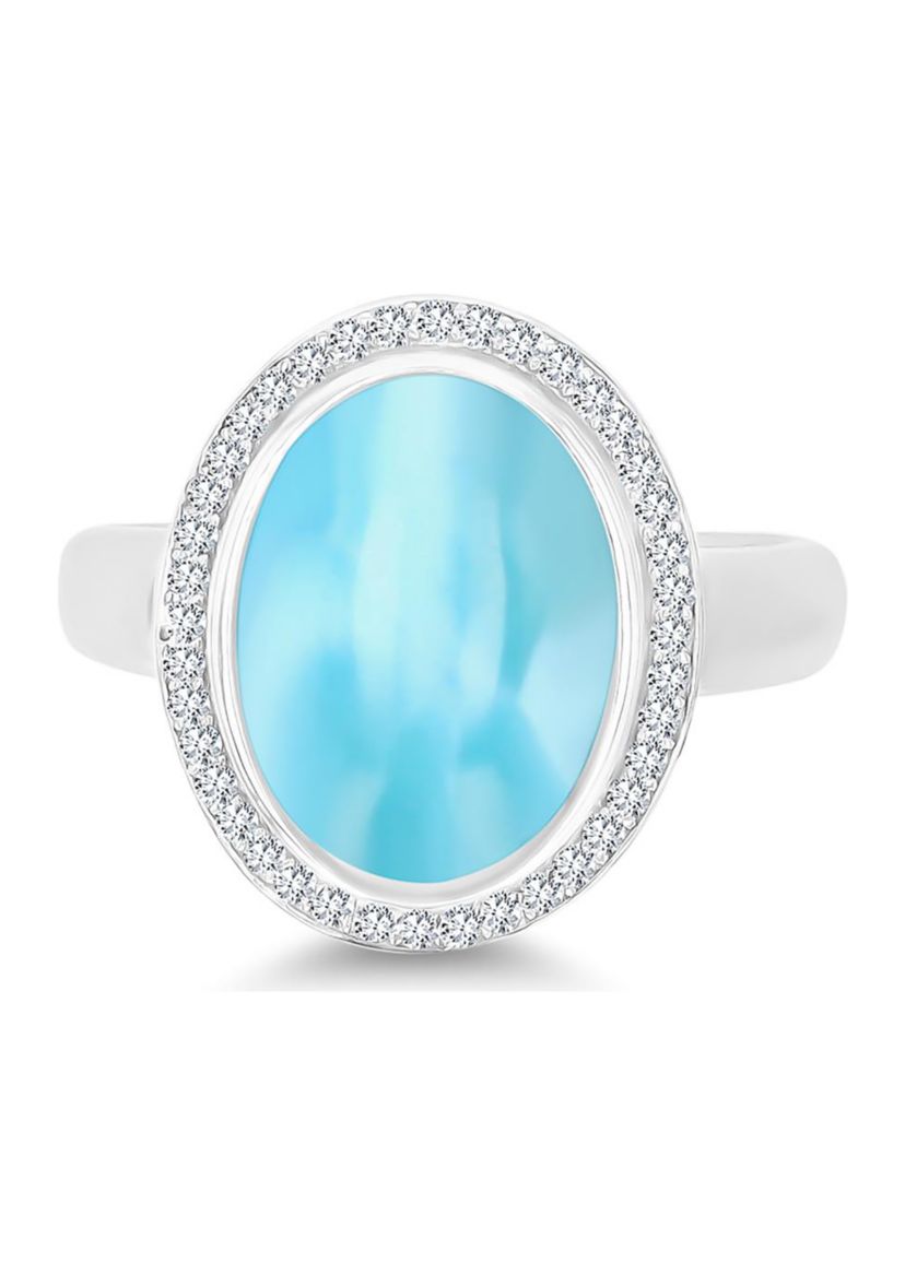 Sterling Silver Rhodium Larimar & CZ Halo Fashion Ring