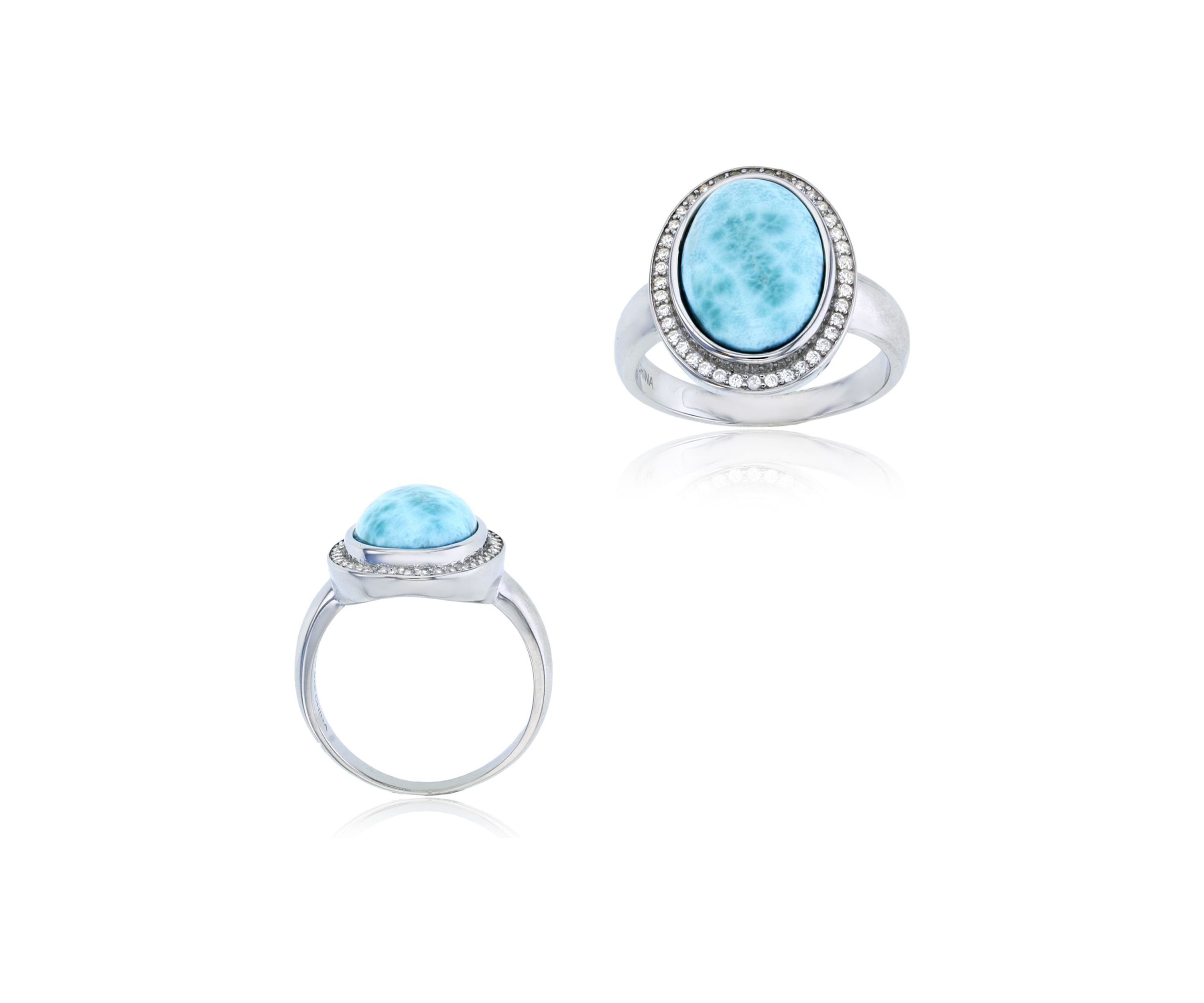 Sterling Silver Rhodium Larimar & CZ Halo Fashion Ring