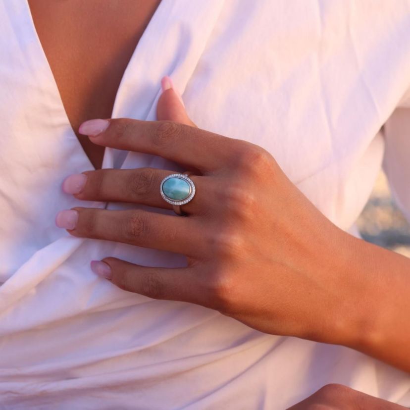 Sterling Silver Rhodium Larimar & CZ Halo Fashion Ring