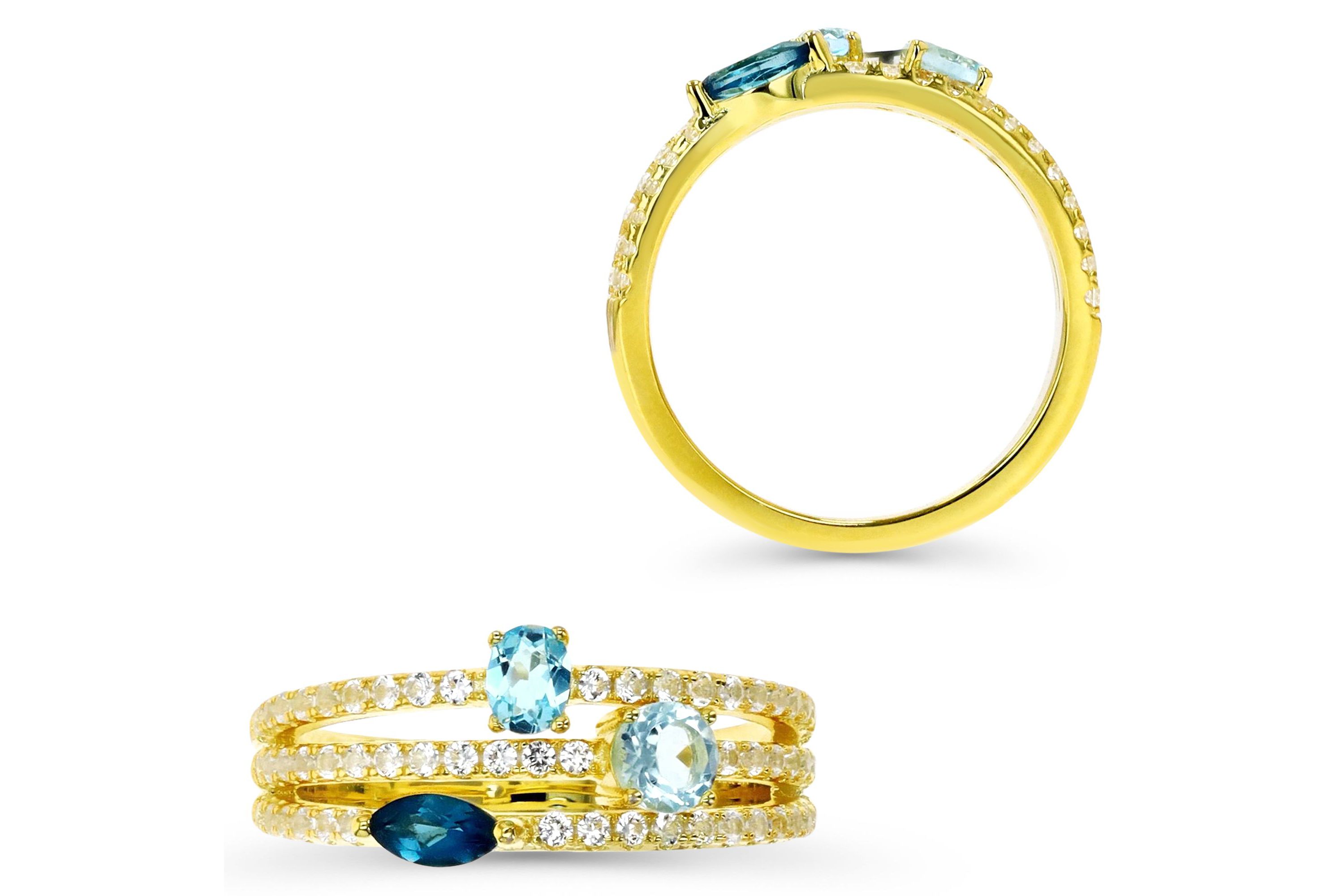 Sterling Silver Yellow Triple Row Swiss and London Blue Topaz Ring