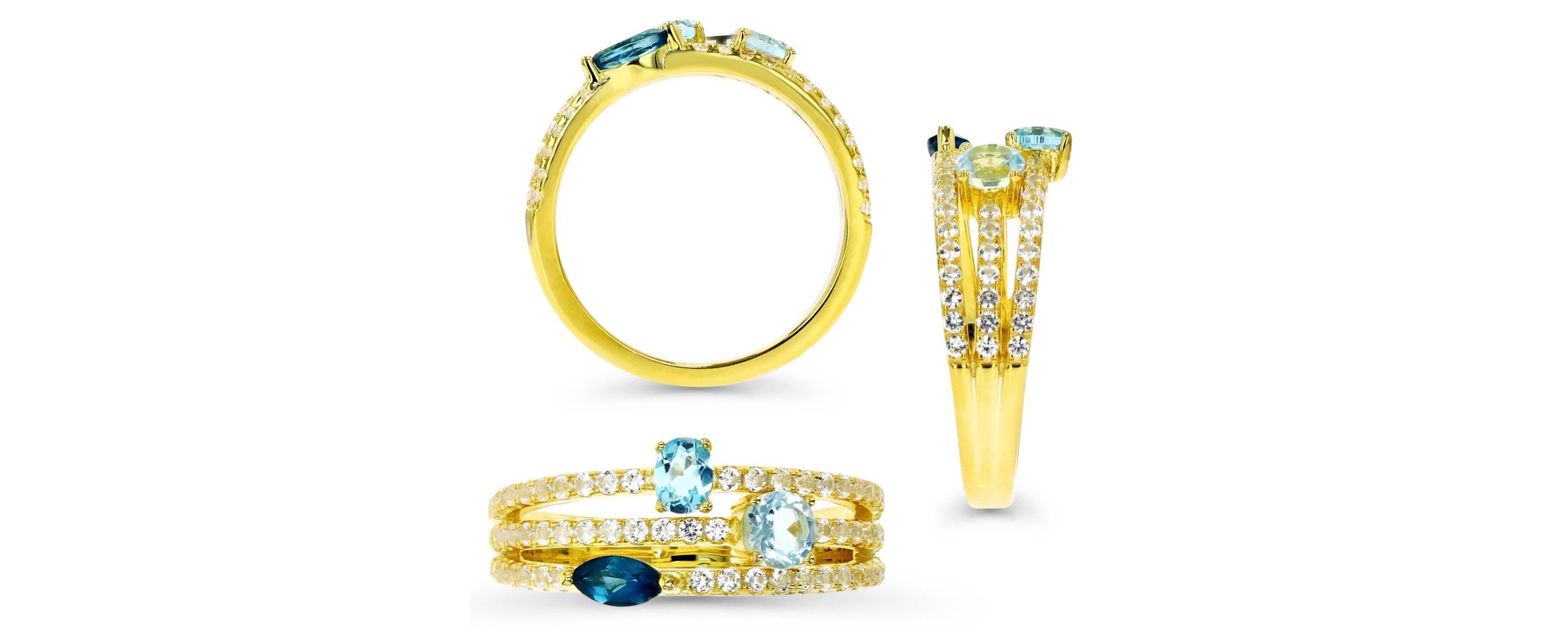 Sterling Silver Yellow Triple Row Swiss and London Blue Topaz Ring