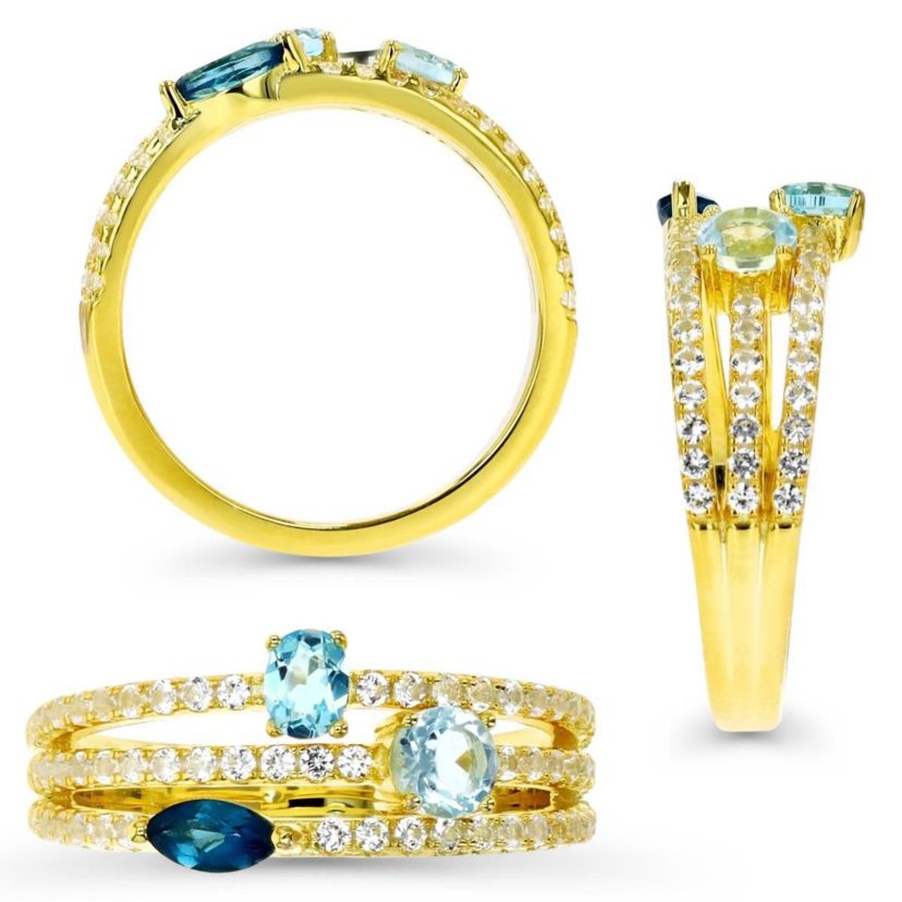 Sterling Silver Yellow Triple Row Swiss and London Blue Topaz Ring