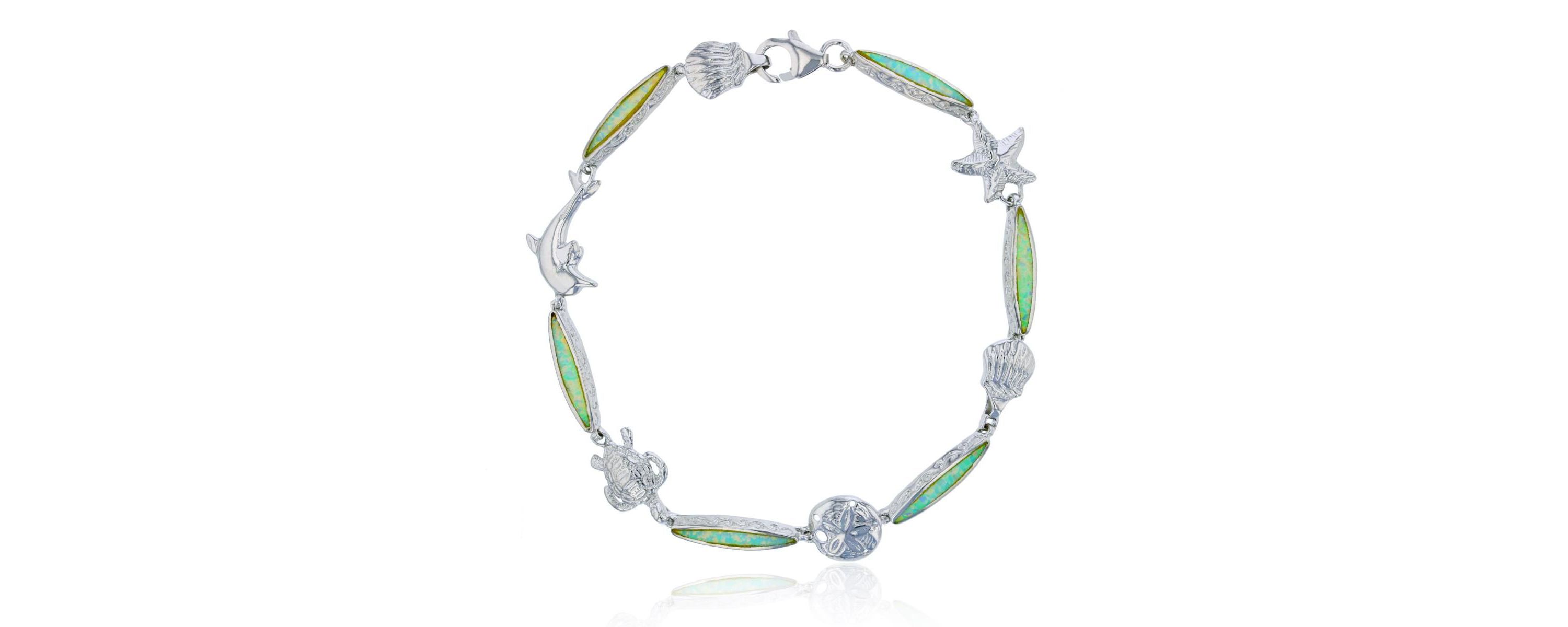 Lab Created Sterling Silver Rhodium Marquise Shape Created White Opal Nautical 8" Bracelet