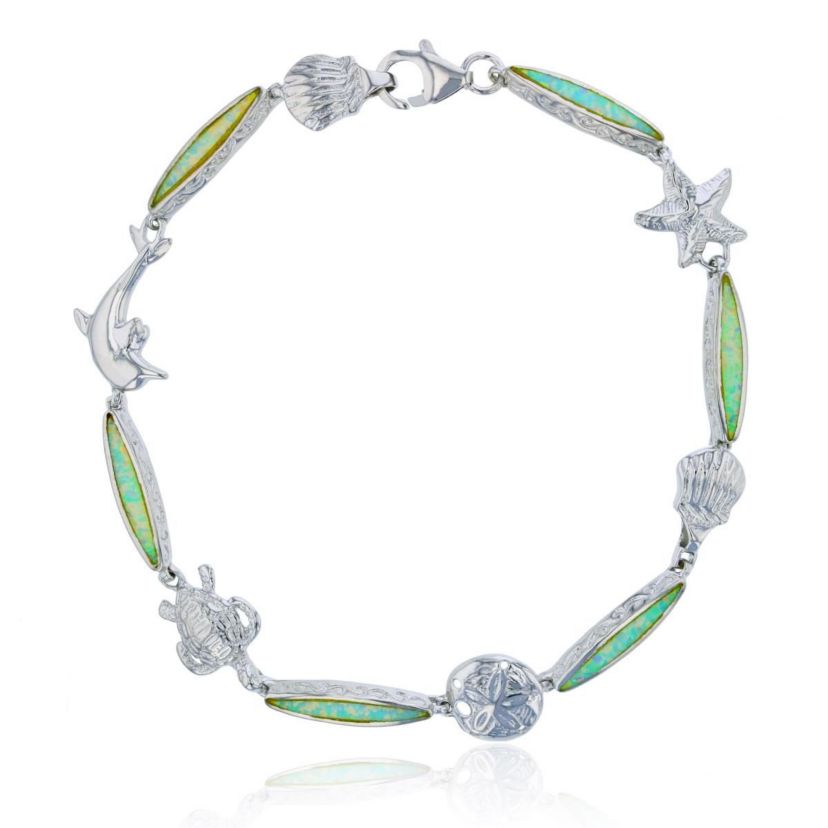 Lab Created Sterling Silver Rhodium Marquise Shape Created White Opal Nautical 8" Bracelet
